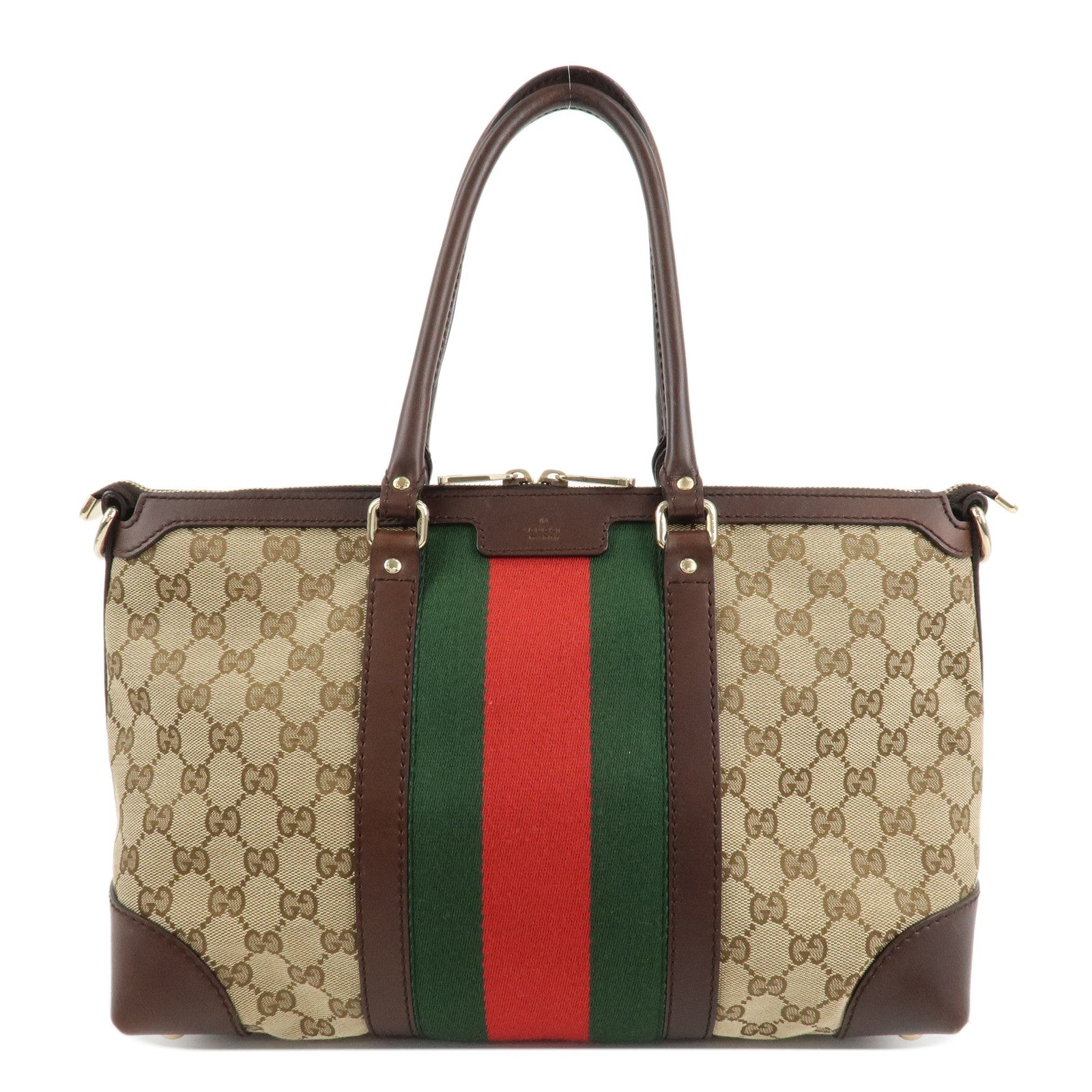 GUCCI-Sherry-GG-Canvas-Leather-Tote-Bag-Beige-Brown-257341