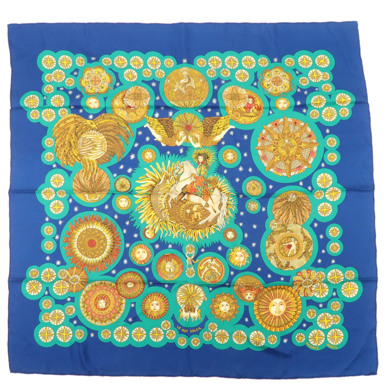 HERMES-Carre-90-Silk-100%-Scarf-LE-ROY-SOLEIL-Blue-Green-Gold