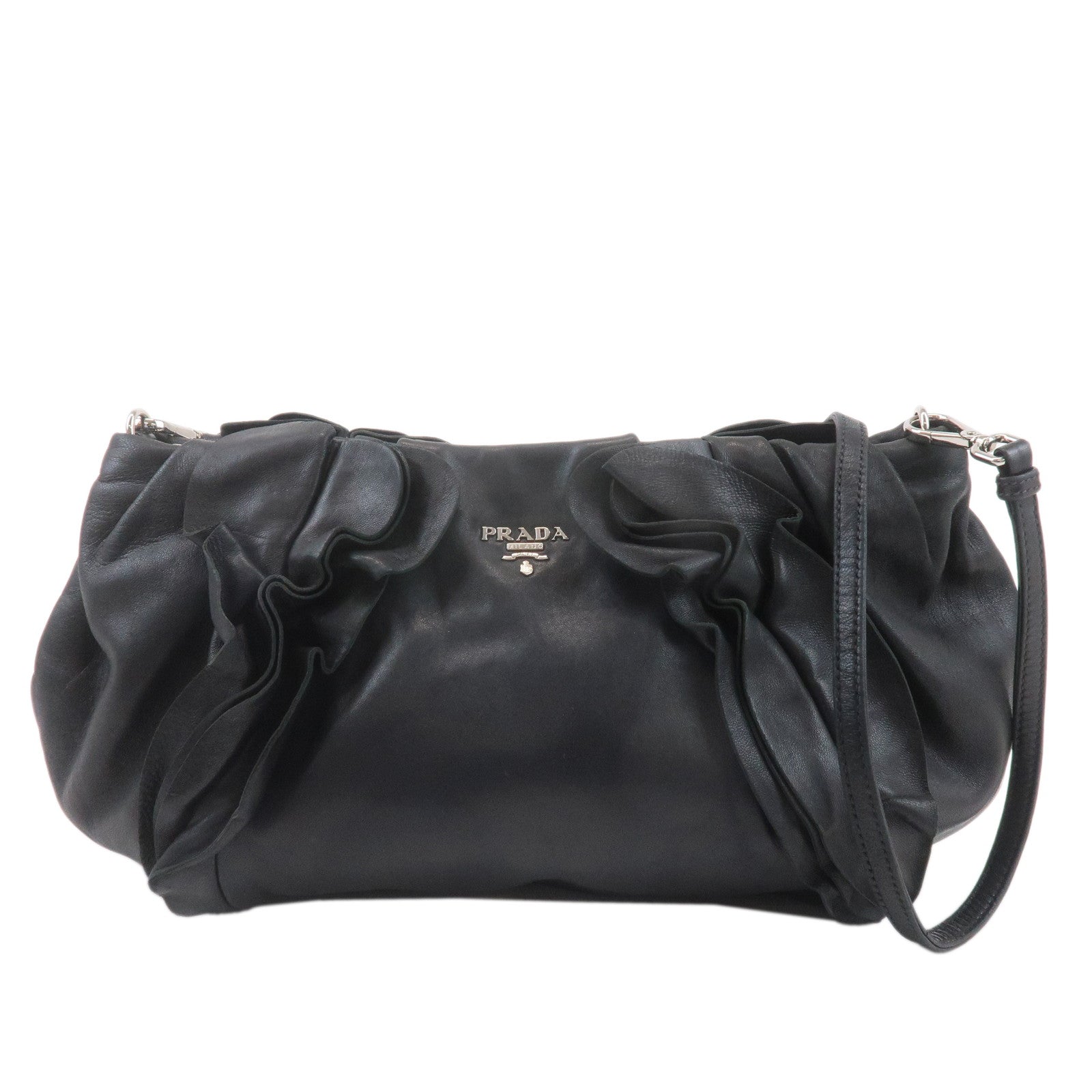 PRADA Leather Gathered Shoulder Bag Black