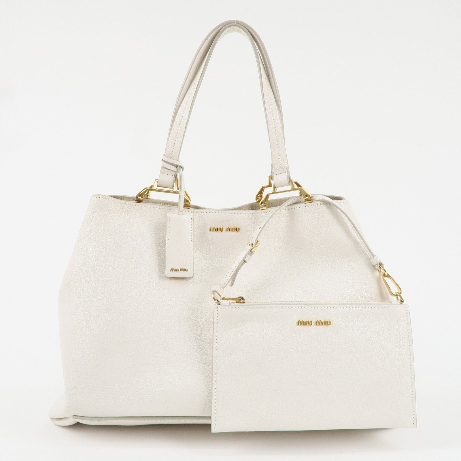 MIU MIU Logo Leather Tote Bag Shoulder Bag White 5BG002