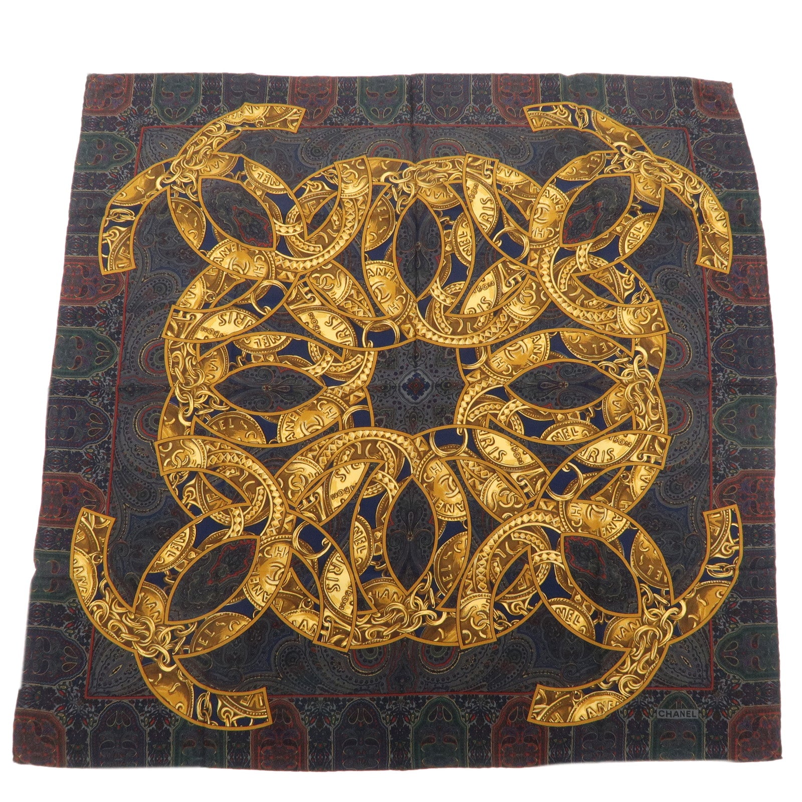 CHANEL-Silk-100%-Paisley-Scarf-Navy-Giold