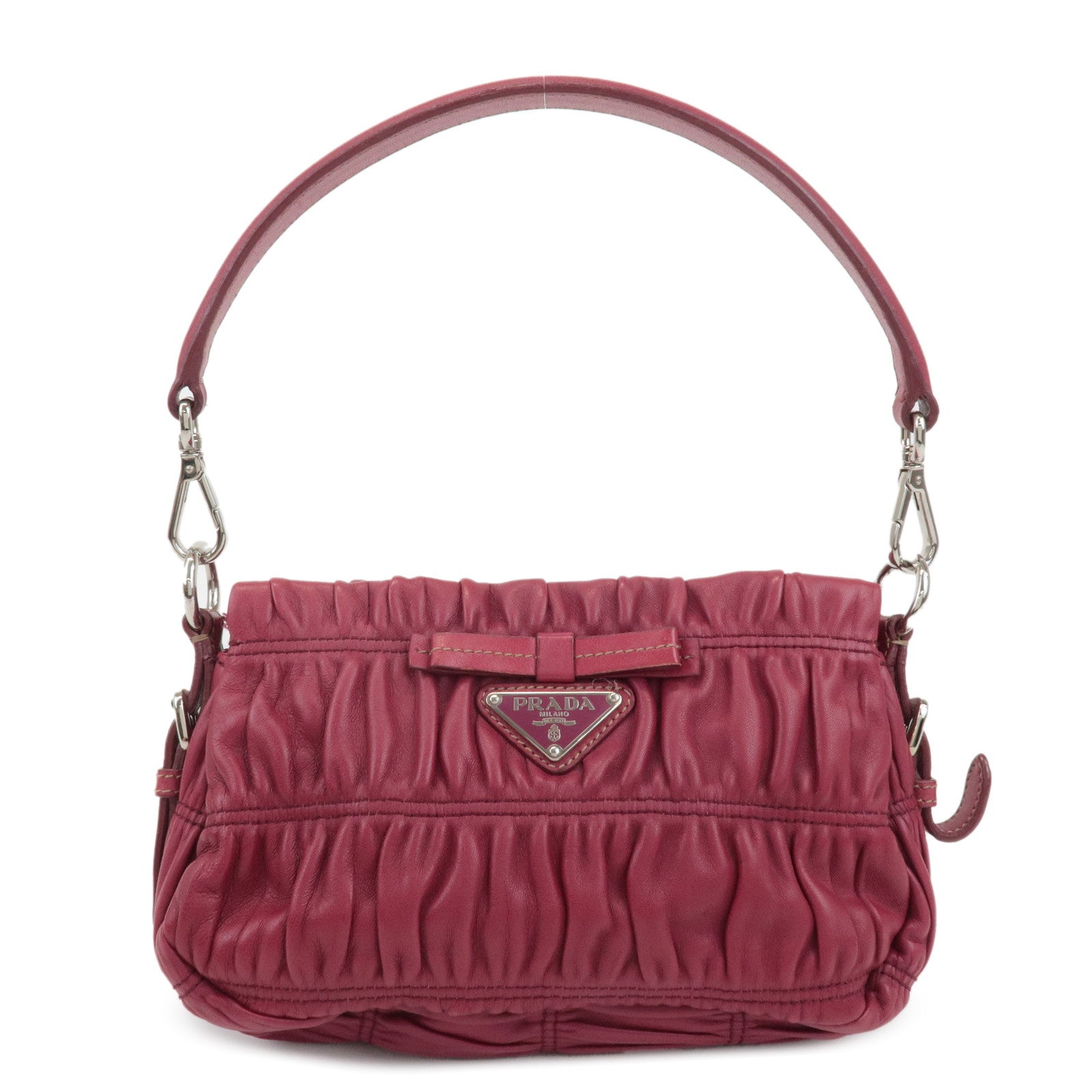 PRADA-Logo-Leather-Gather-Ribbon-Hand-Bag-Shoulder-Bag-Red