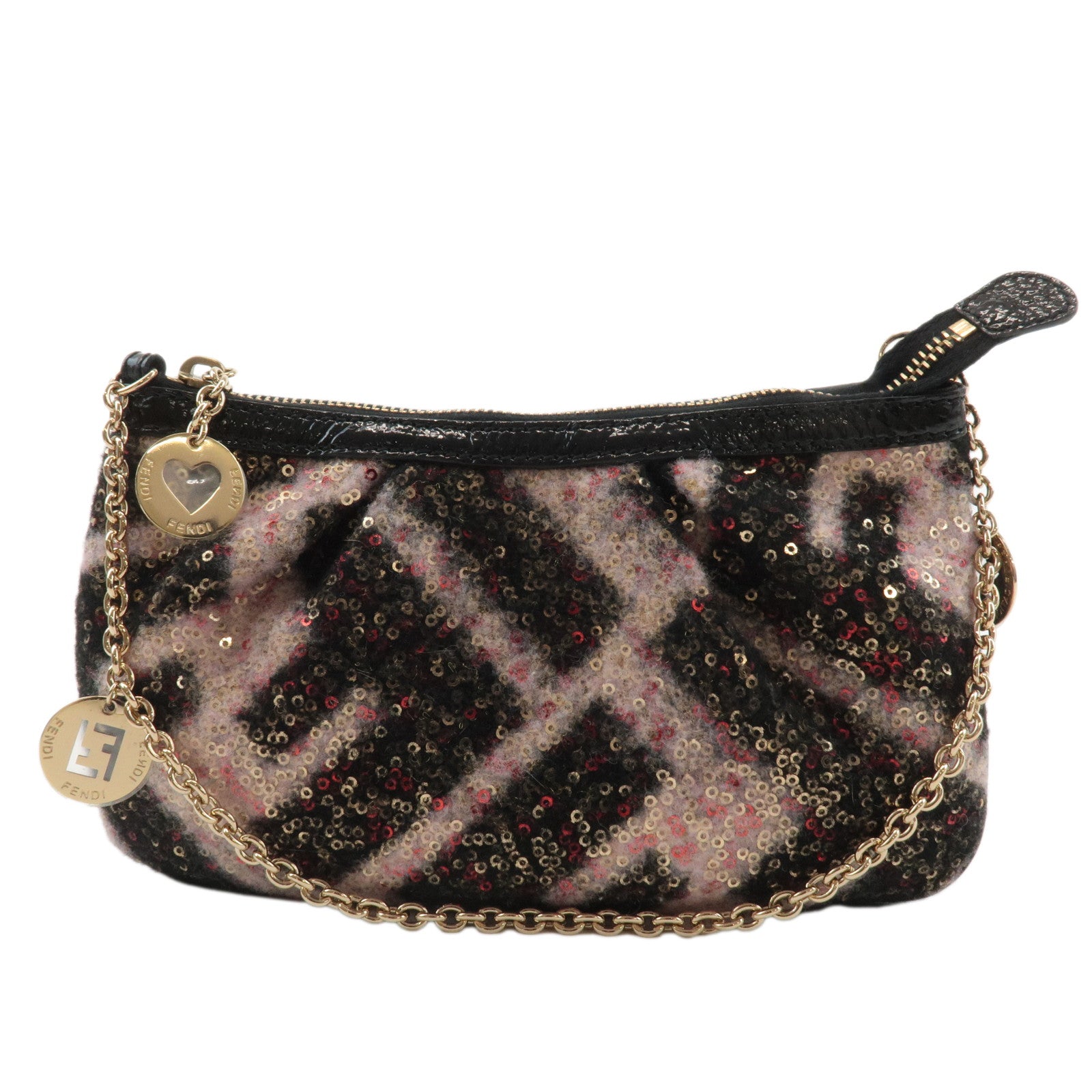 FENDI Zucca Sequins Chain Accessory Pouch Black Pink 8BR594