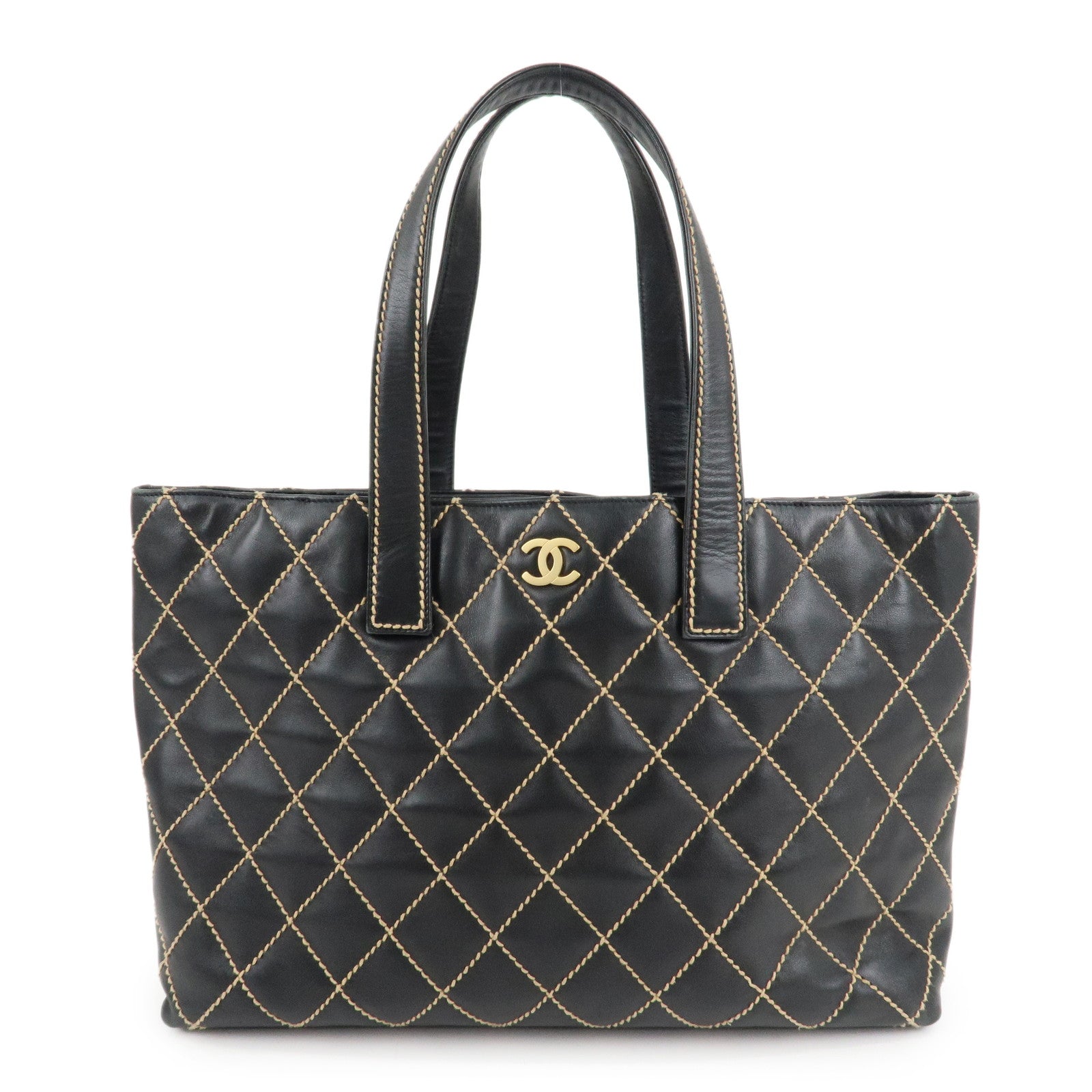 CHANEL-Wild-Stich-Lamb-Skin-Tote-Bag-Hand-Bag-Black