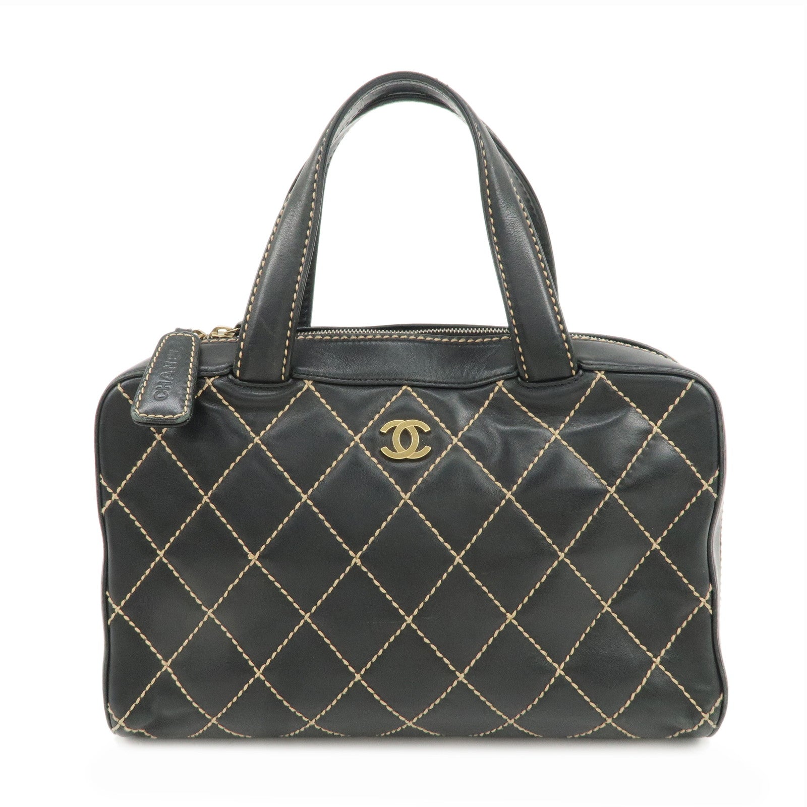 CHANEL-Wild-Stitch-Lamb-Skin-COCO-Mark-Hand-Bag-Black-A14692