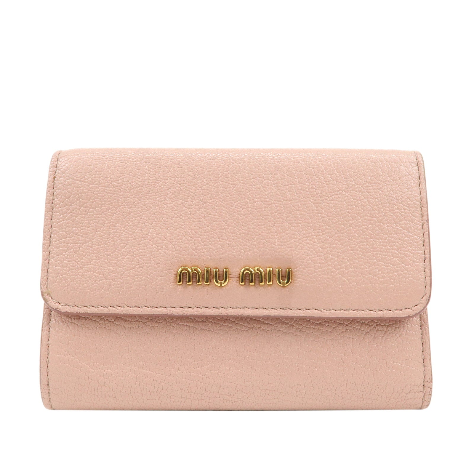 MIU-MIU-Leather-Double-Hook-Bi-fold-Wallet-Pink-Gold-Hardware