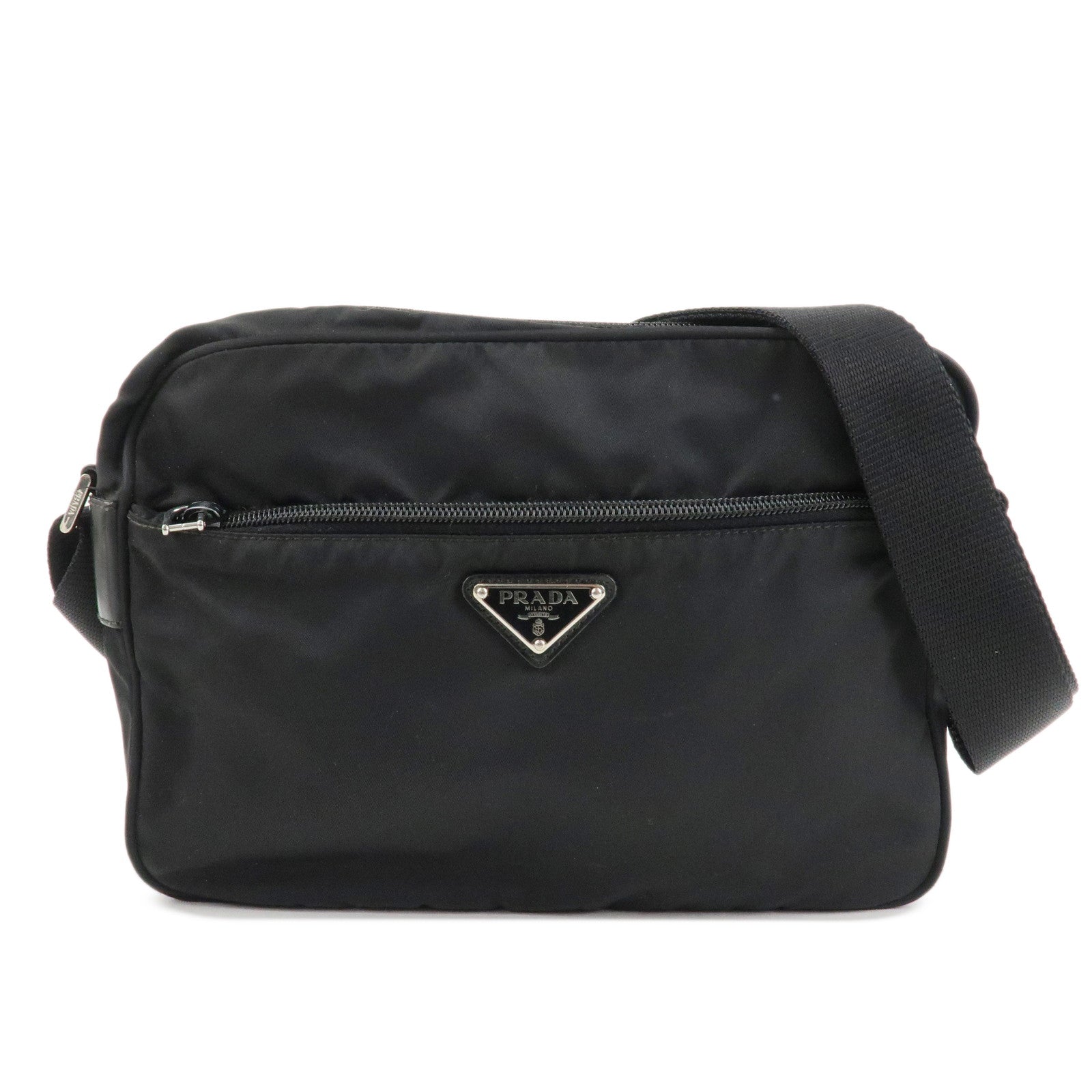 PRADA-Logo-Nylon-Leather-Shoulder-Bag-Crossbody-Bag-Black