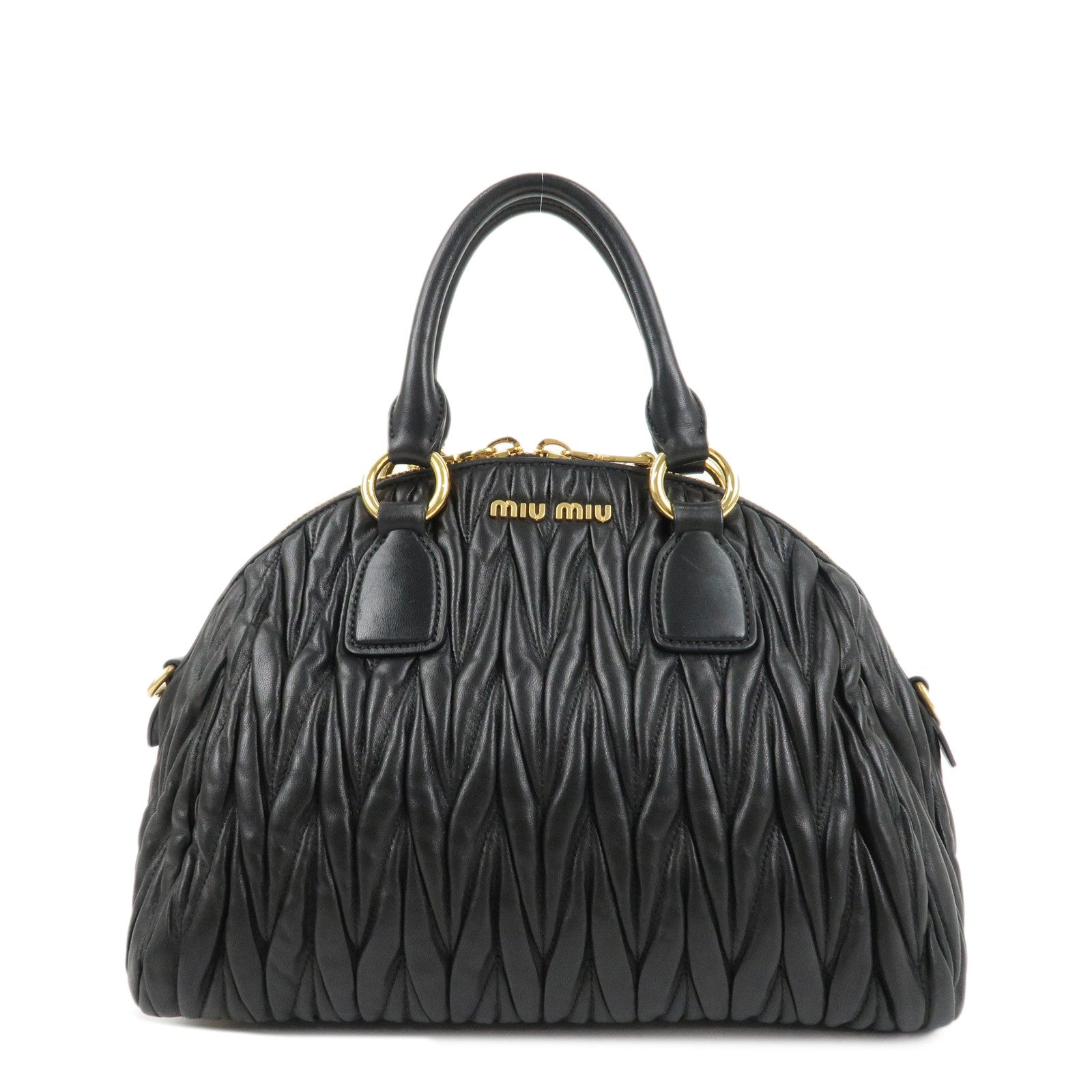 MIU-MIU-Matelasse-Leather-Hand-Bag-Black-Gold-Hardware