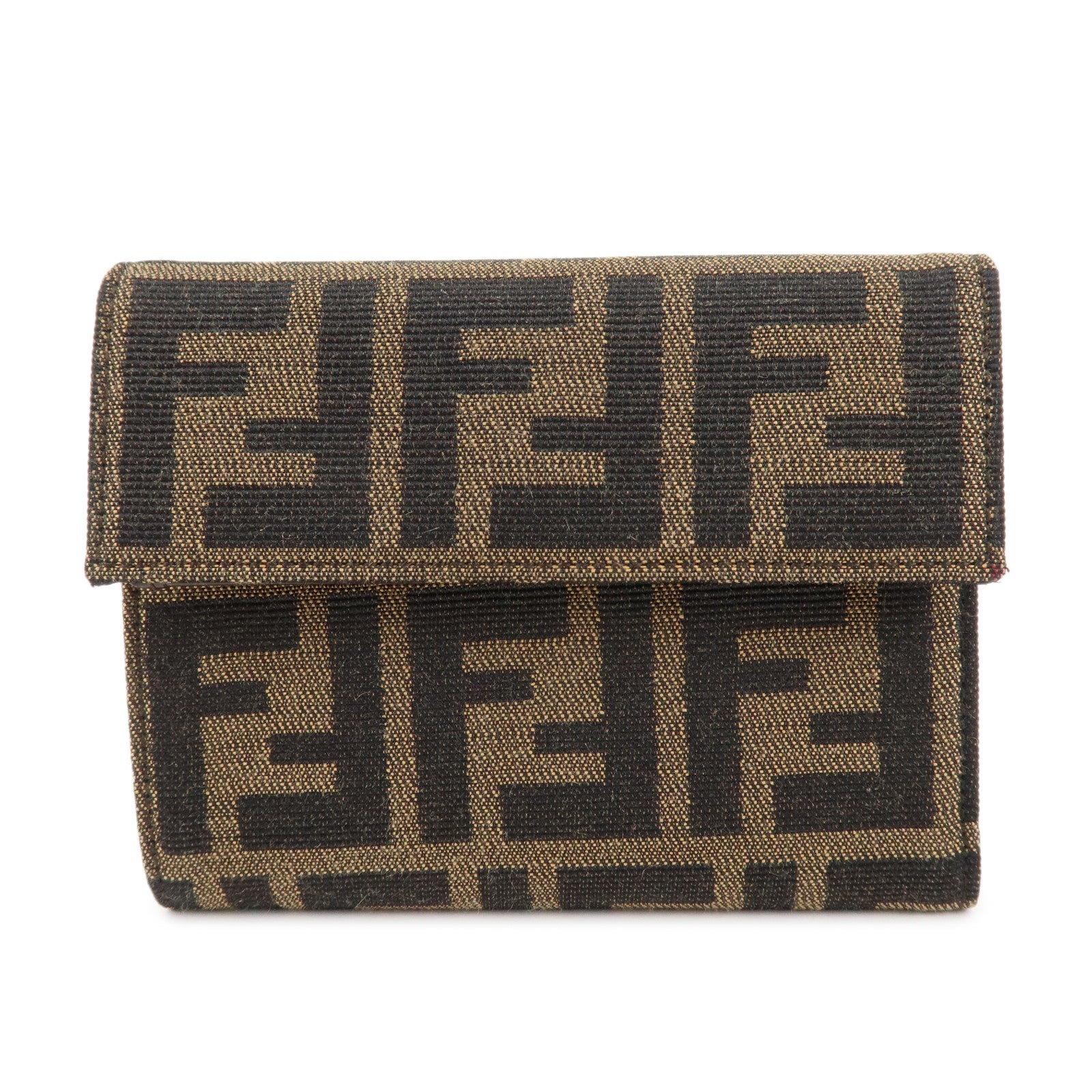 FENDI-Zucca-Canvas-Leather-Tri-fold-Wallet-Brown-Black-8M0001