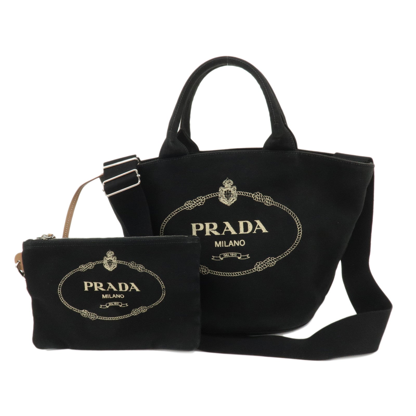 PRADA-Logo-Canapa-Canvas-Leather-2Way-Bucket-Bag-Black-1BG163