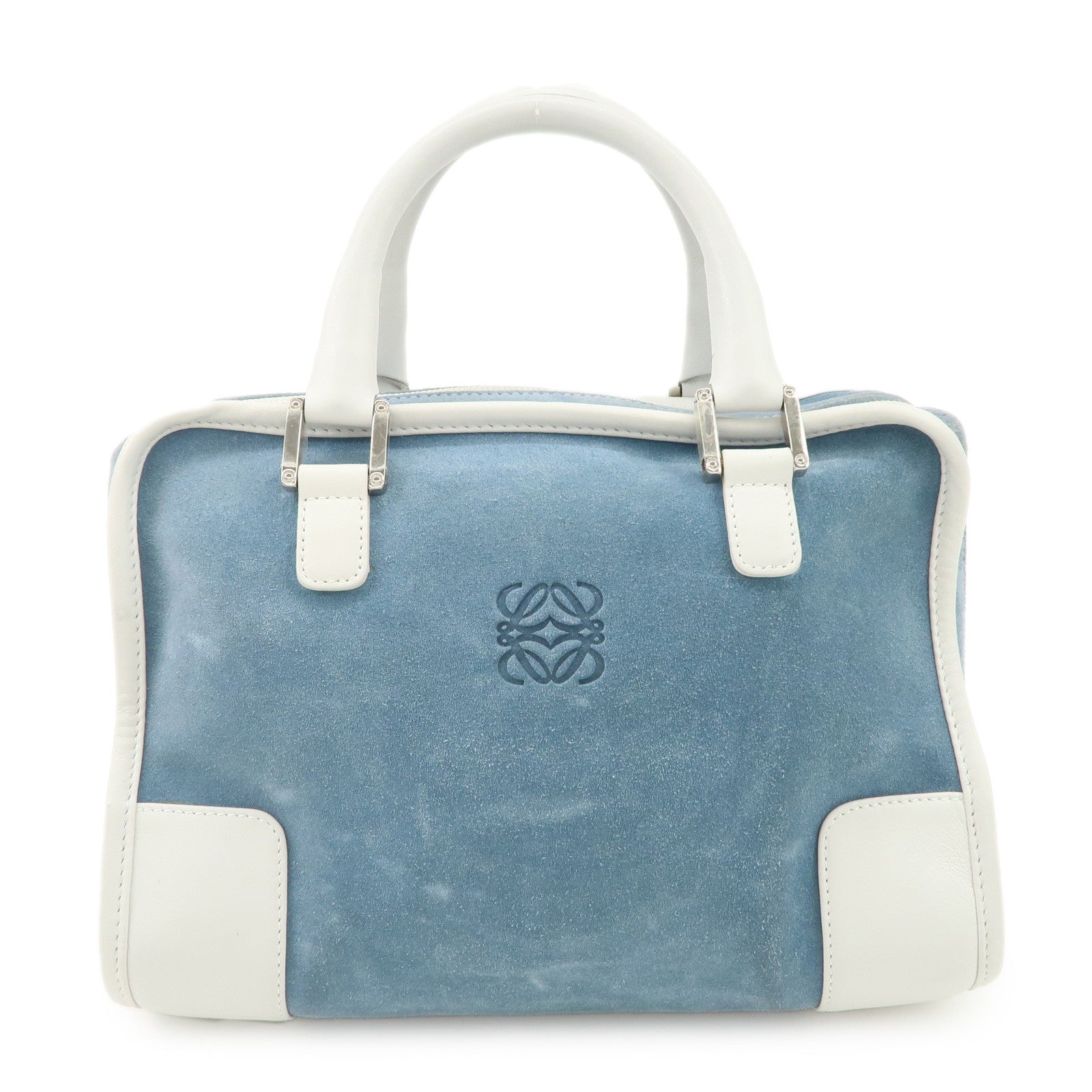 LOEWE-Anagram-Suede-Leather-Amazona-27-Hand-Bag-White-Blue