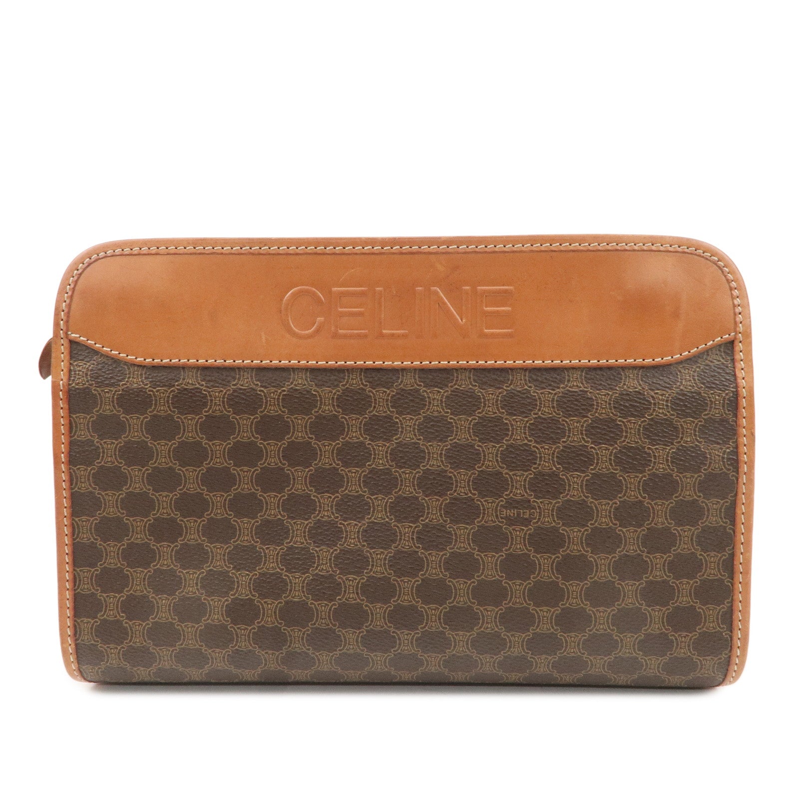 CELINE-Macadam-PVC-Leather-Clutch-Bag-Second-Bag-Brown