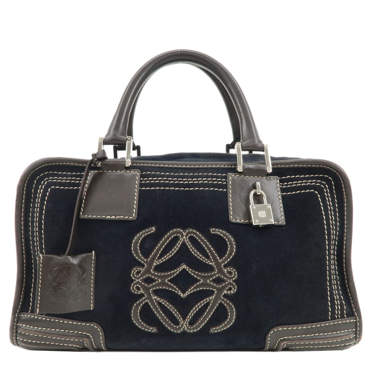 LOEWE-Leather-Suede-Amasona28-Hand-Bag-Navy-Brown