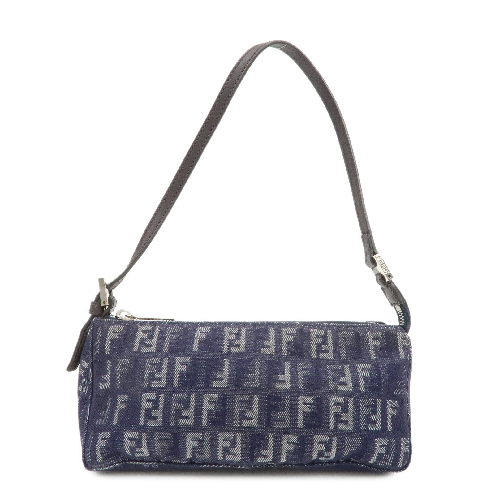 FENDI-Zucchino-Canvas-Leather-Shoulder-Bag-Pouch-Navy-8BR249