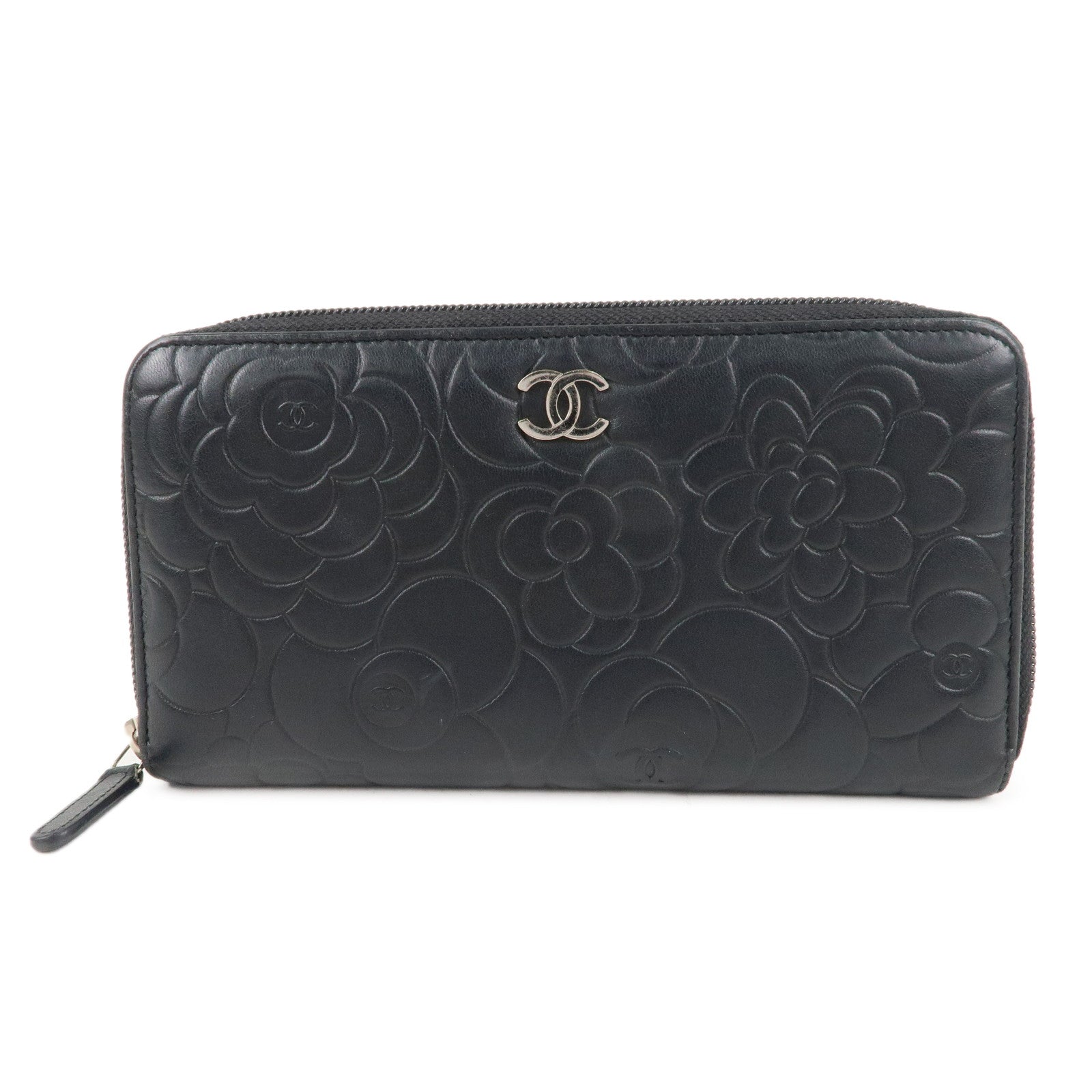 CHANEL-Camellia-Lamb-Skin-Zippy-Round-Long-Wallet-Black