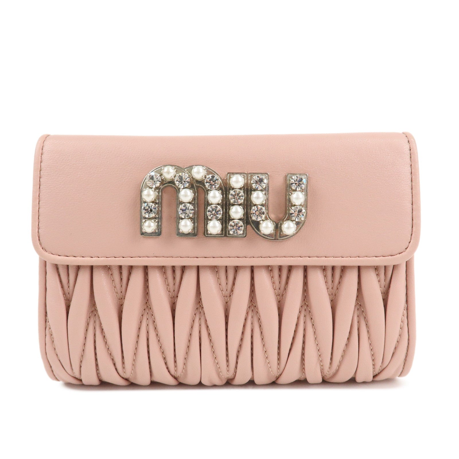 MIU-MIU-Matelasse-Leather-Tri-fold-Wallet-Pink