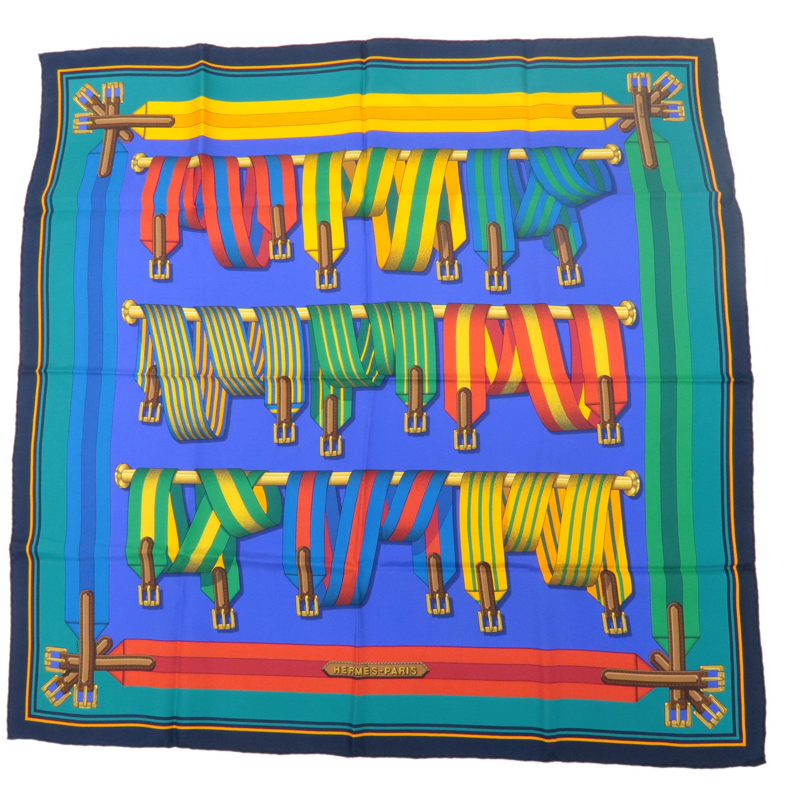 HERMES Carre 90 100% Silk Scarf Les Sangles Blue Green Yellow Red