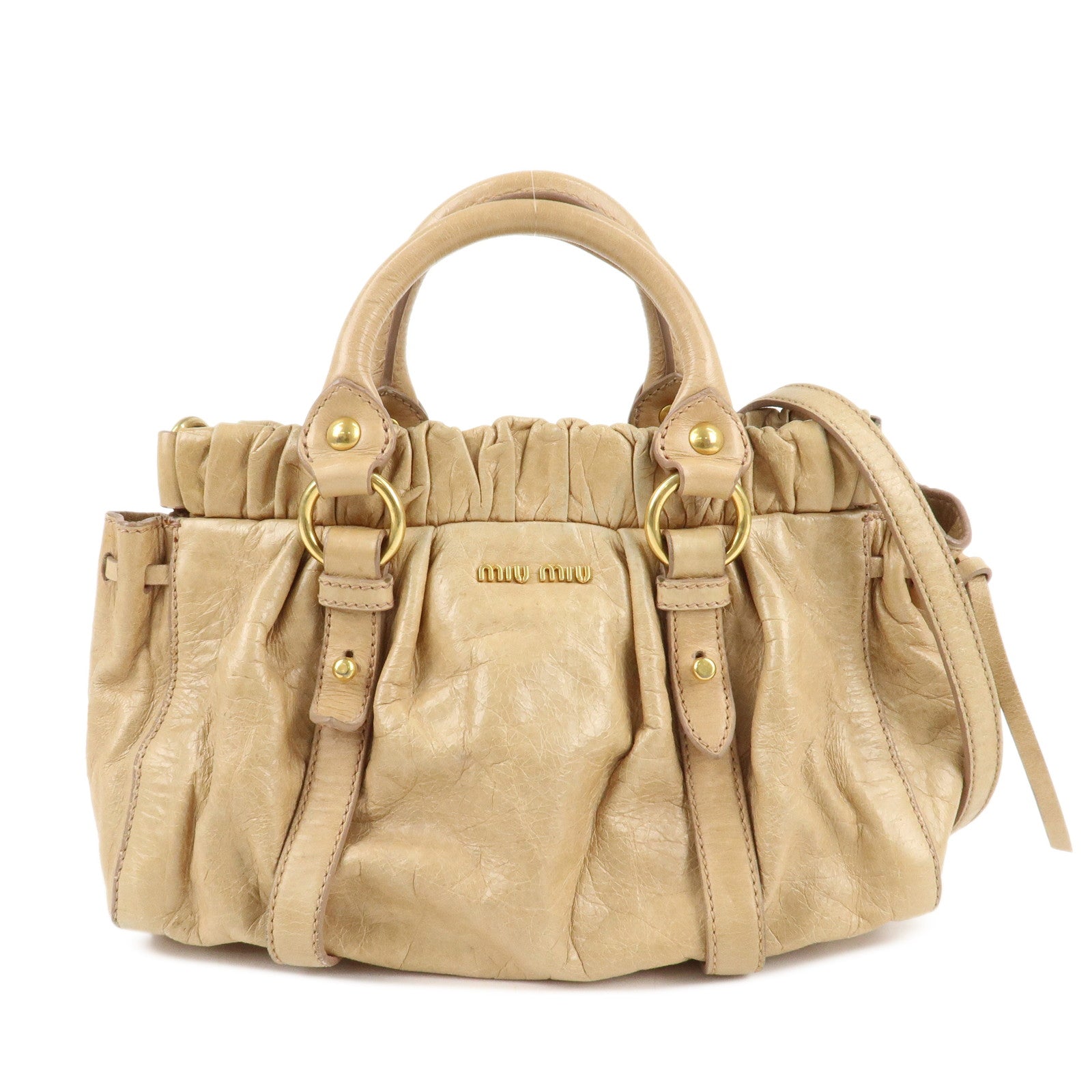 MIU-MIU-Logo-Leather-2WAY-Bag-Shoulder-Bag-Hand-Bag-Beige