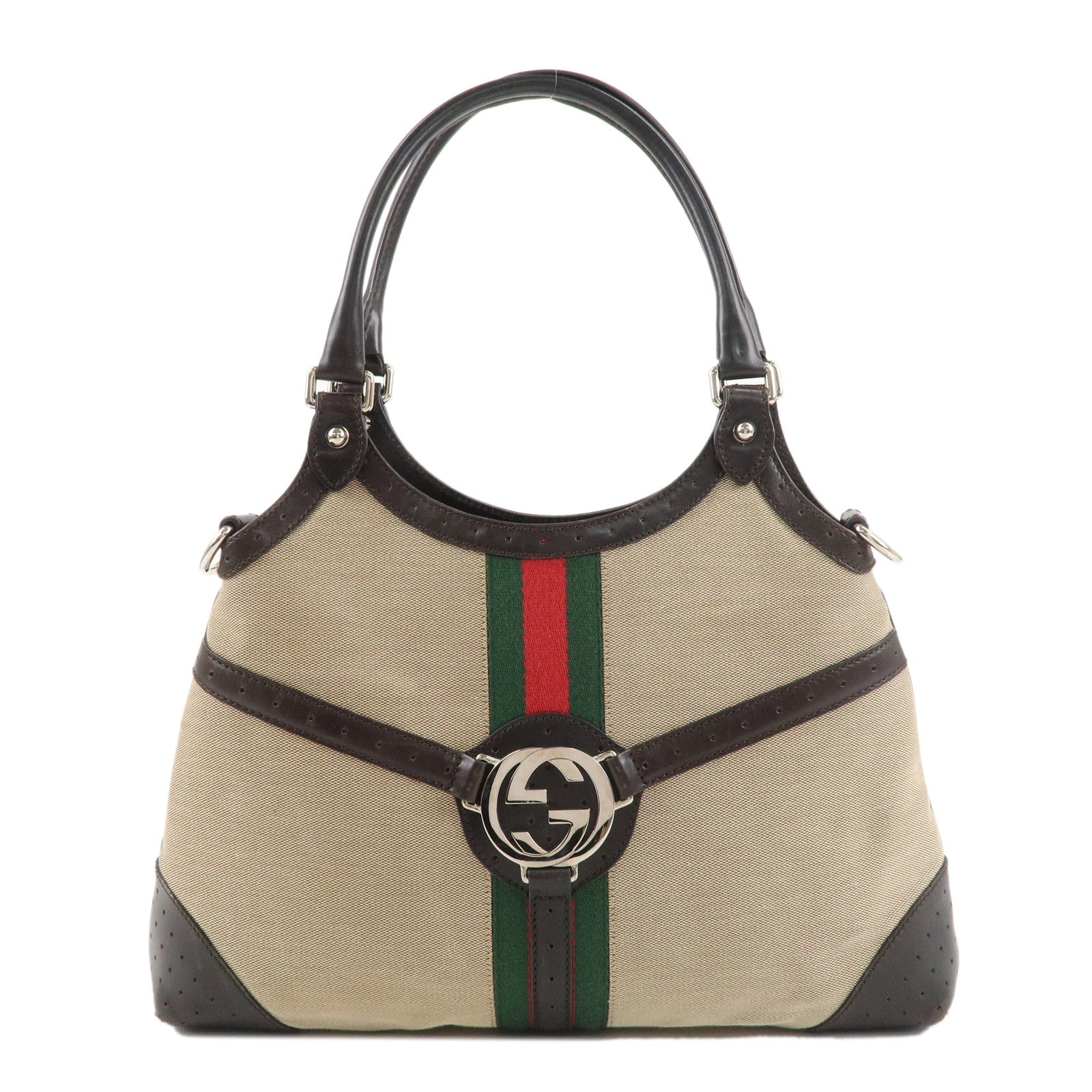 GUCCI Sherry Interlocking G Canvas Leather Bag Beige Brown 114875