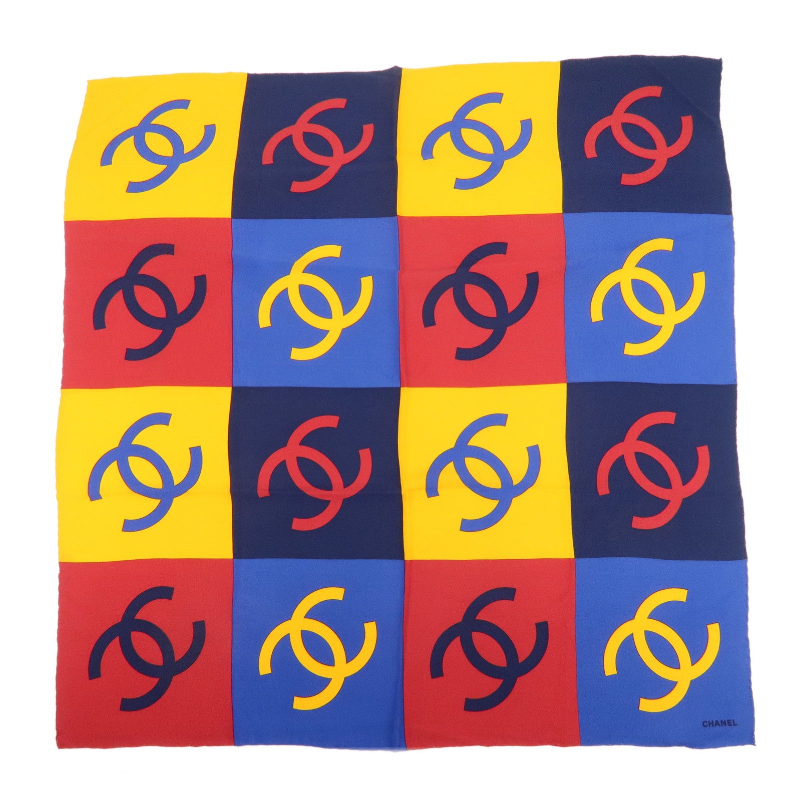 CHANEL 100% Silk Scarf 90×90 Blue Yellow Red