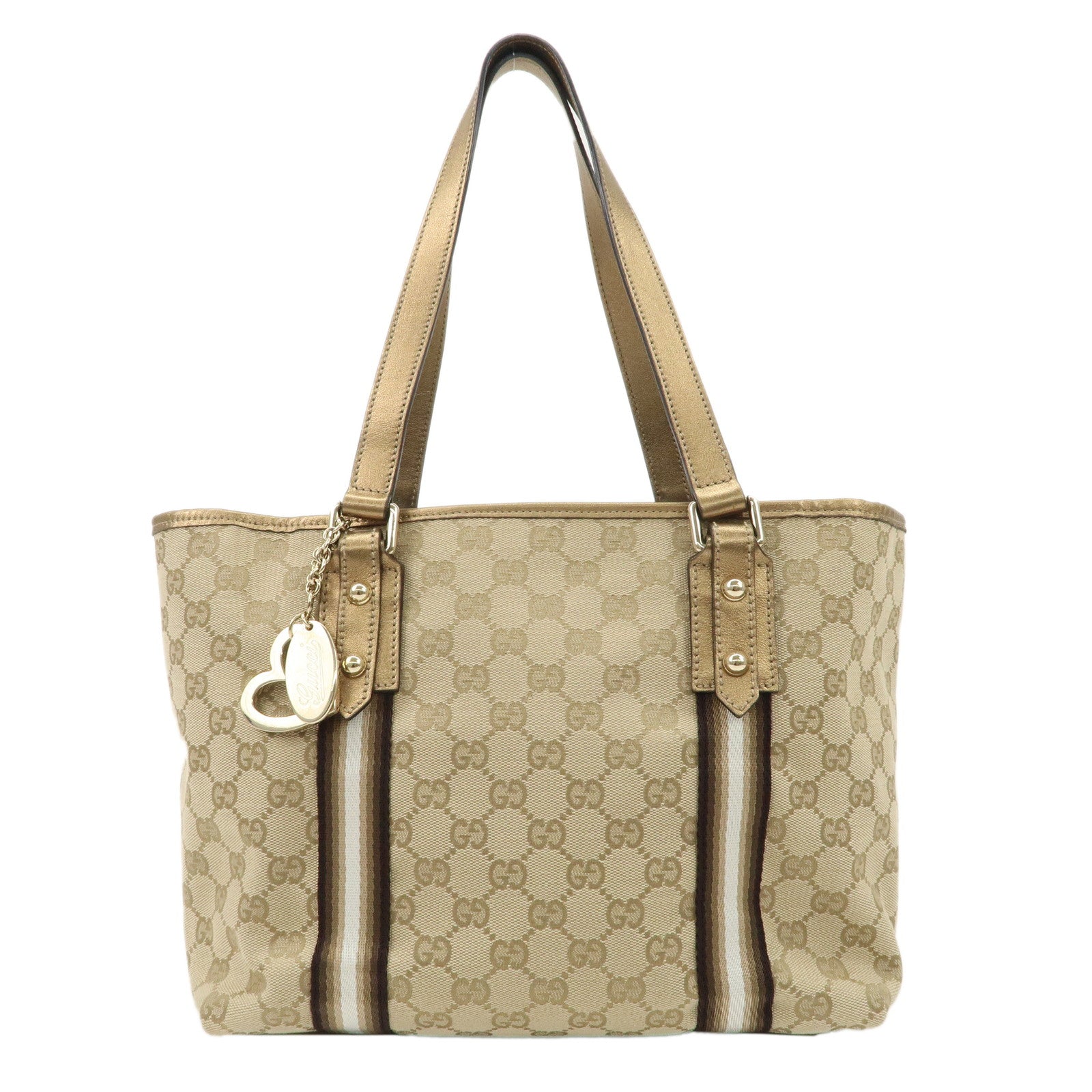 GUCCI-Sherry-GG-Canvas-Leather-Tote-Bag-Beige-Gold-137396