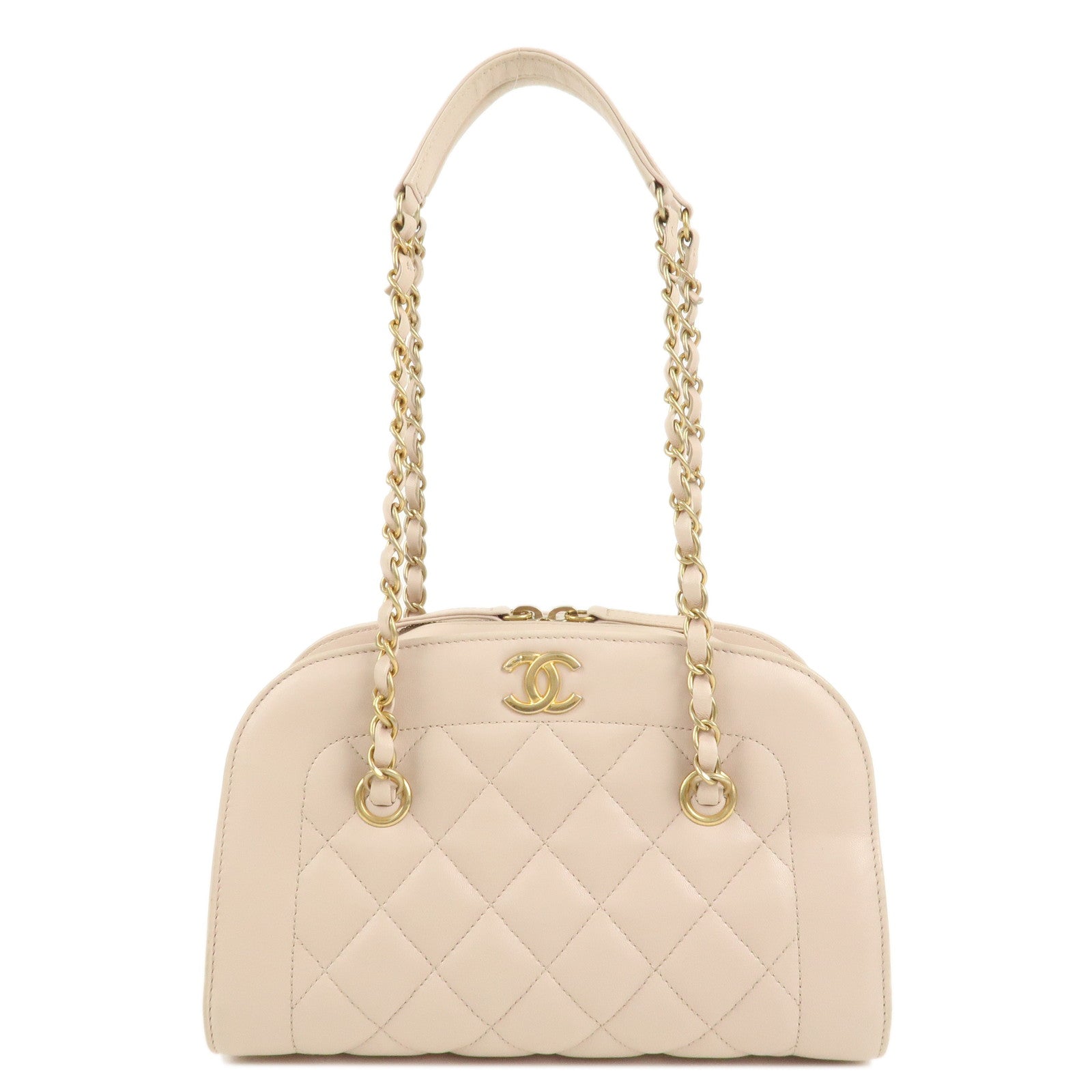 CHANEL-Matelasse-Lamb-Skin-Chain-Shoulder-Bag-Pink-Beige