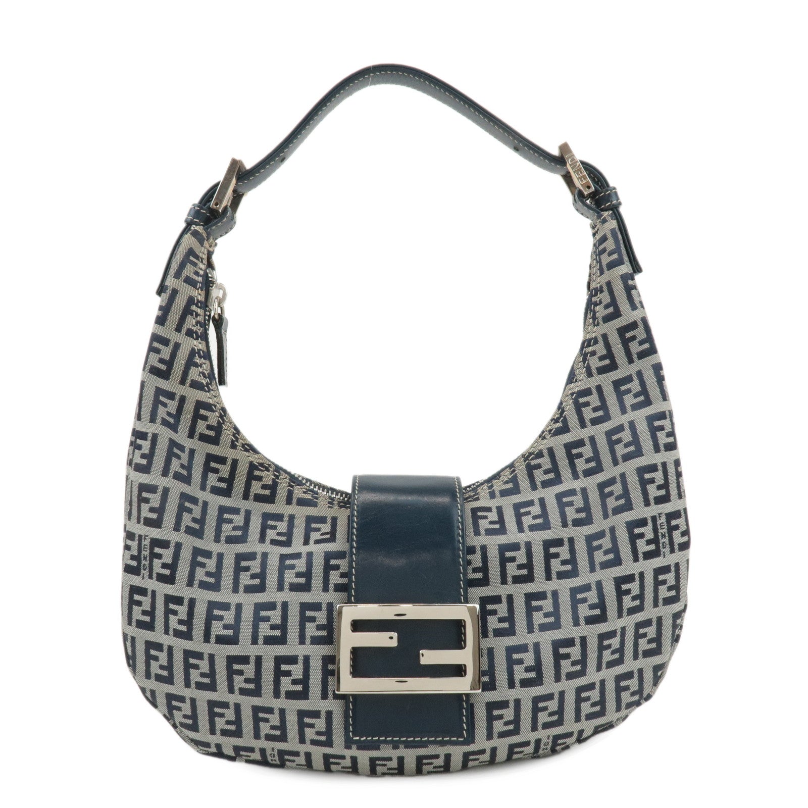 FENDI-Zucchino-Canvas-Leather-Shoulder-Bag-Navy-Grey