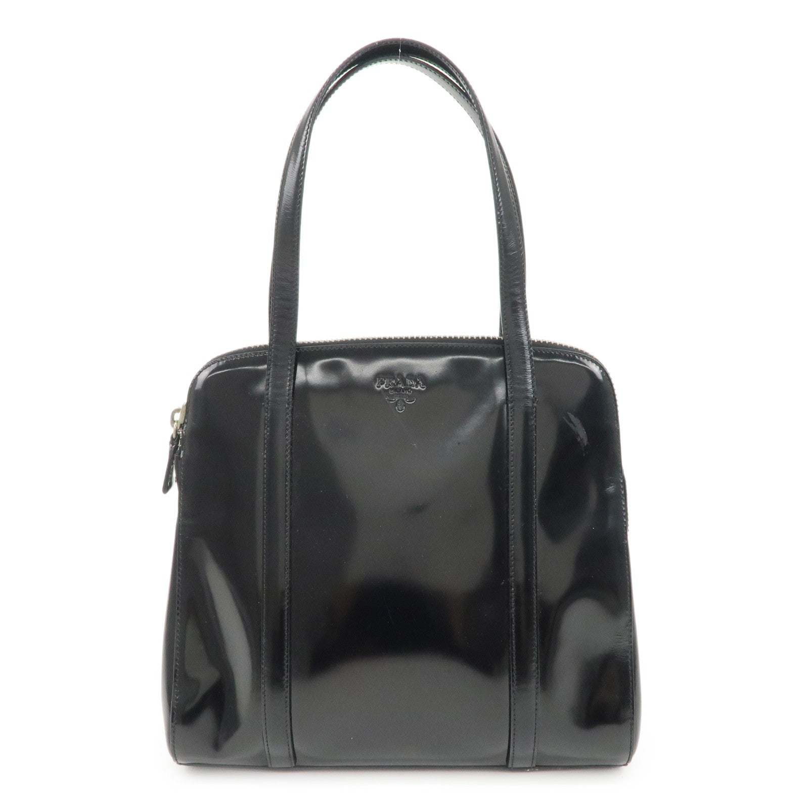 PRADA-Patent-Leather-Tote-Bag-Hand-Bag-Black-Silver-HDW