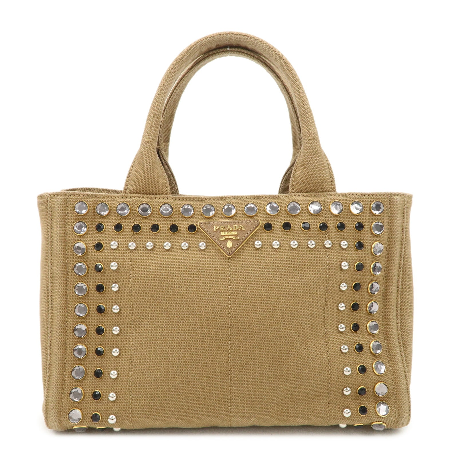 PRADA-Logo-Canapa-Canvas-Bijou-Studs-2Way-Hand-Tote-Bag-Brown