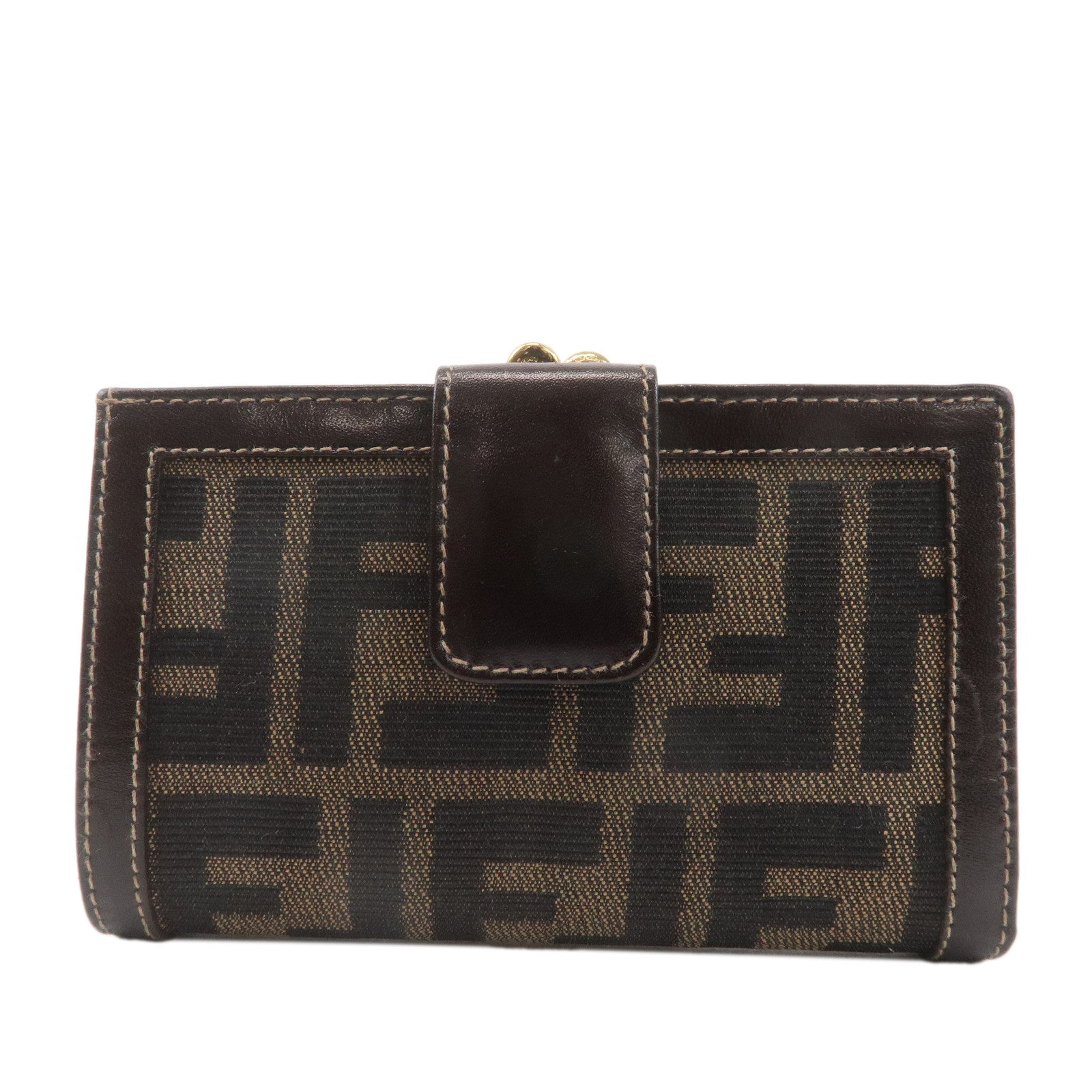 FENDI Zucca Canvas Leather Kiss Lock Bi-fold Wallet Brown 1692