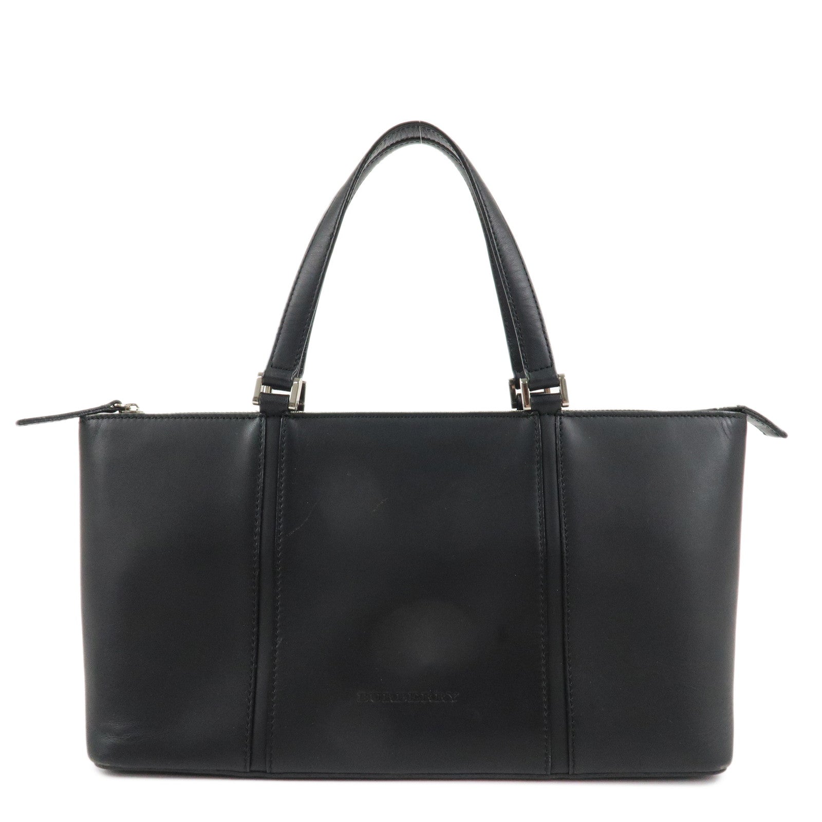 BURBERRY-Leather-Tote-Bag-Hand-Bag-Black-Silver-Hardware-