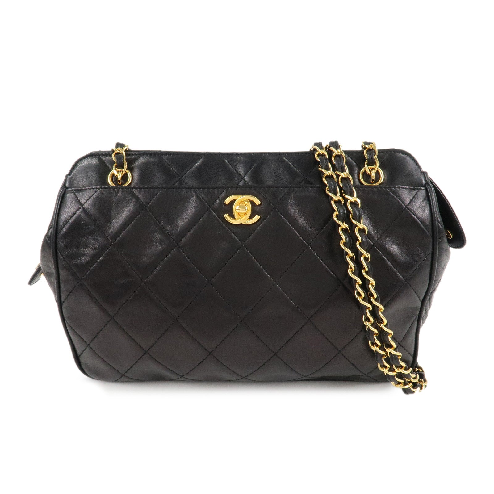 CHANEL-Matelasse-Lamb-Skin-COCO-Mark-Chain-Shoulder-Bag-Black