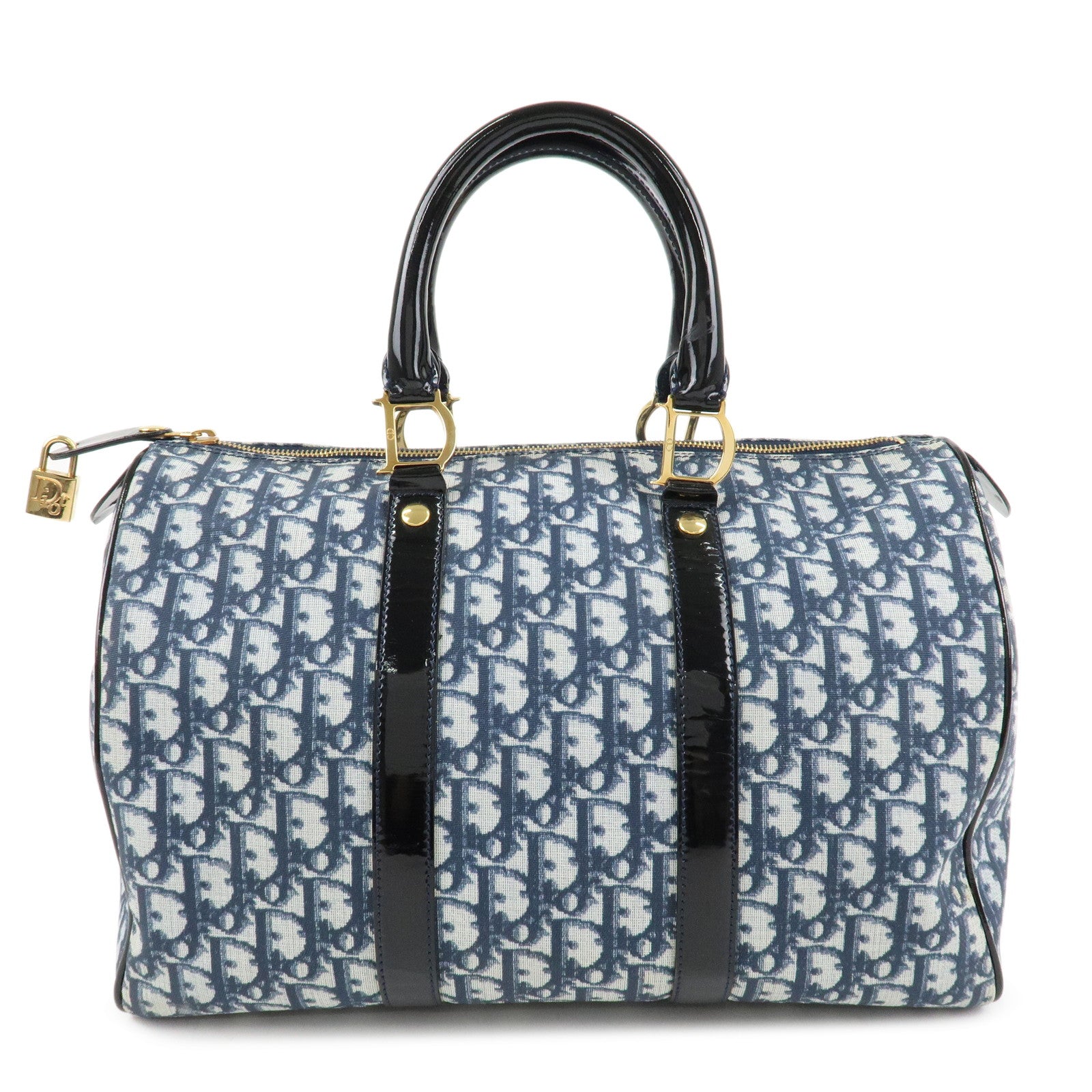 Christian-Dior-Trotter-PVC-Patent-Leather-Boston-Bag-Navy