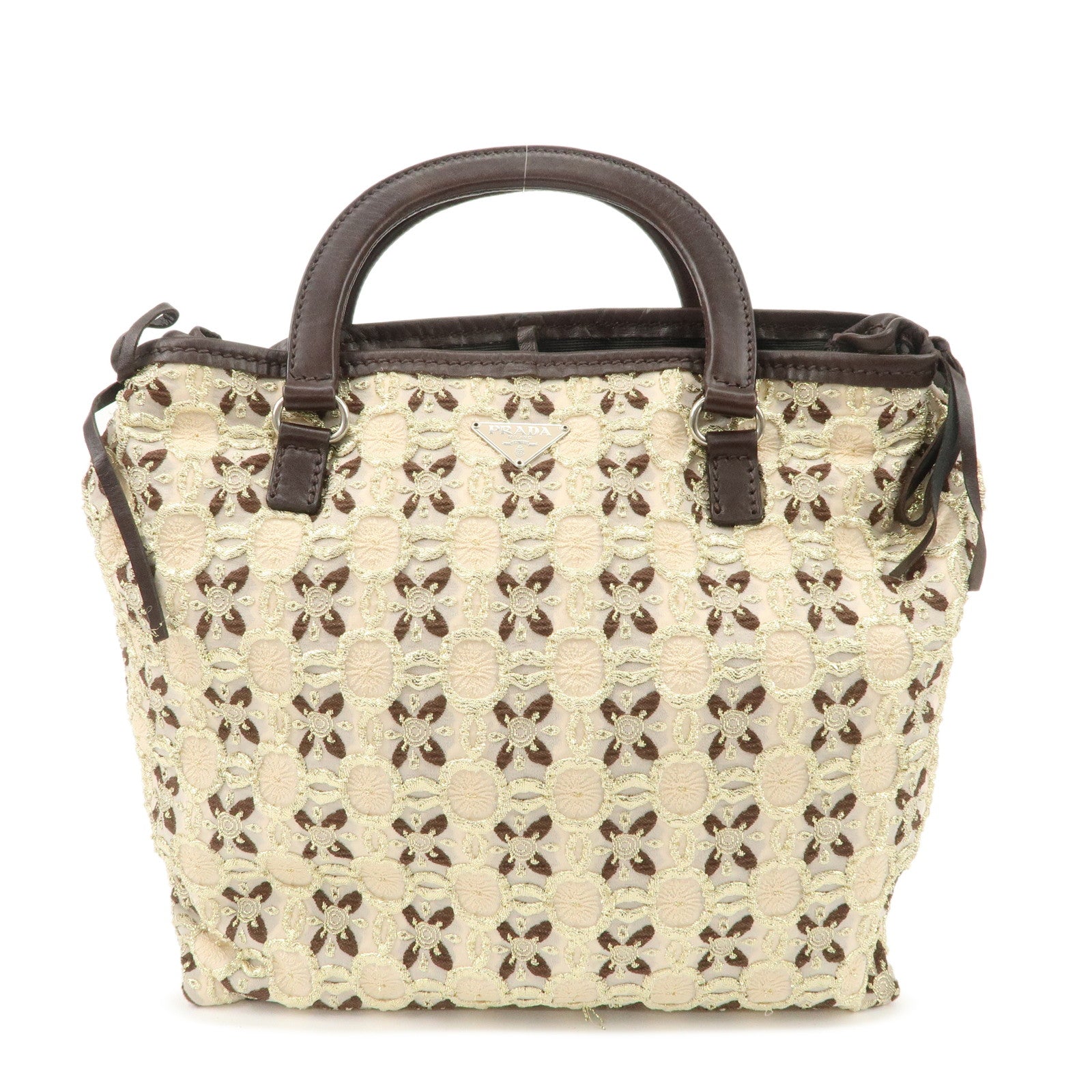 PRADA-Tweed-Flower-Embroidery-Tote-Bag-Beige-Gold-Dark-Brown