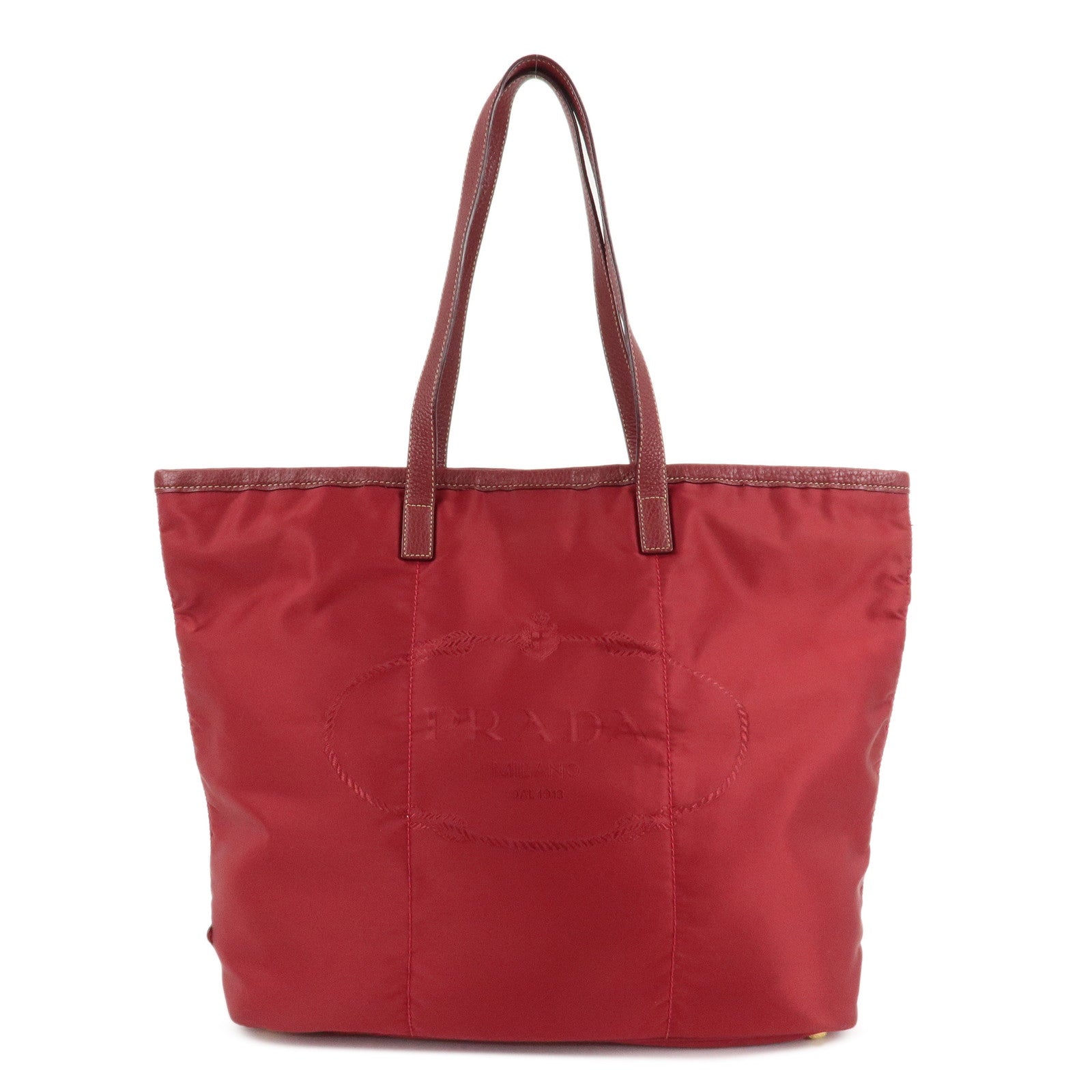 PRADA-Logo-Nylon-Leather-Tote-Bag-Shoulder-Bag-Dark-Red-BR4634