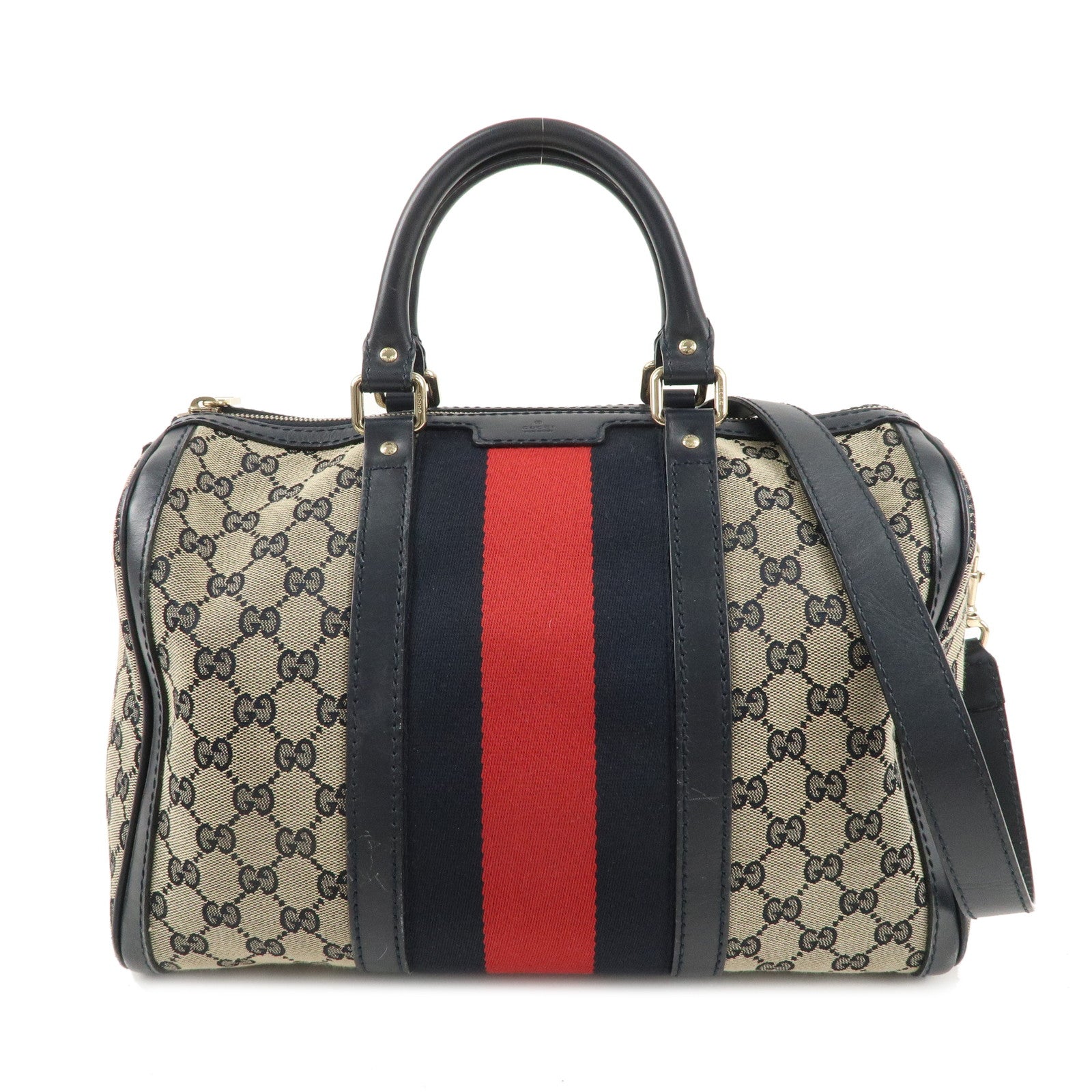 GUCCI Sherry GG Canvas Leather 2Way Boston Bag Navy 247205