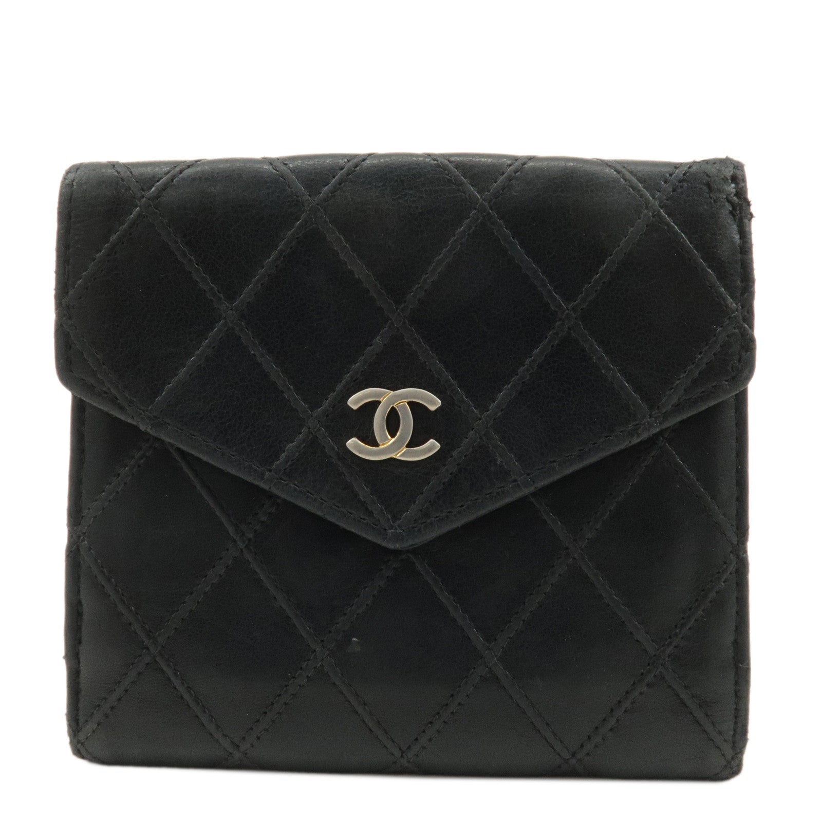 CHANEL-Bicolore-Lamb-Skin-Coco-Mark-Bi-fold-Wallet-Black