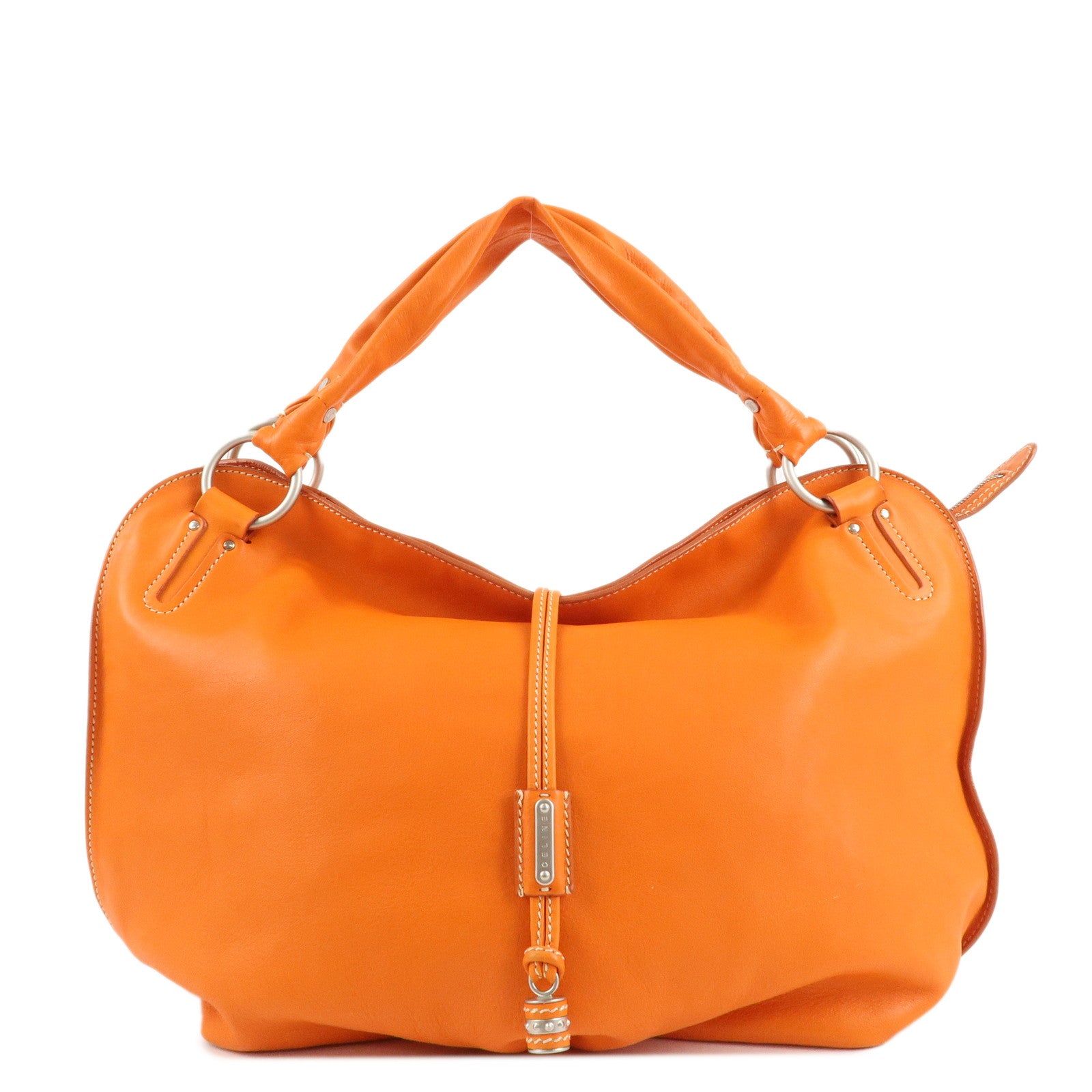 CELINE-Leather-Shoulder-Bag-Hand-Bag-Orange-Silver-HDW-Used