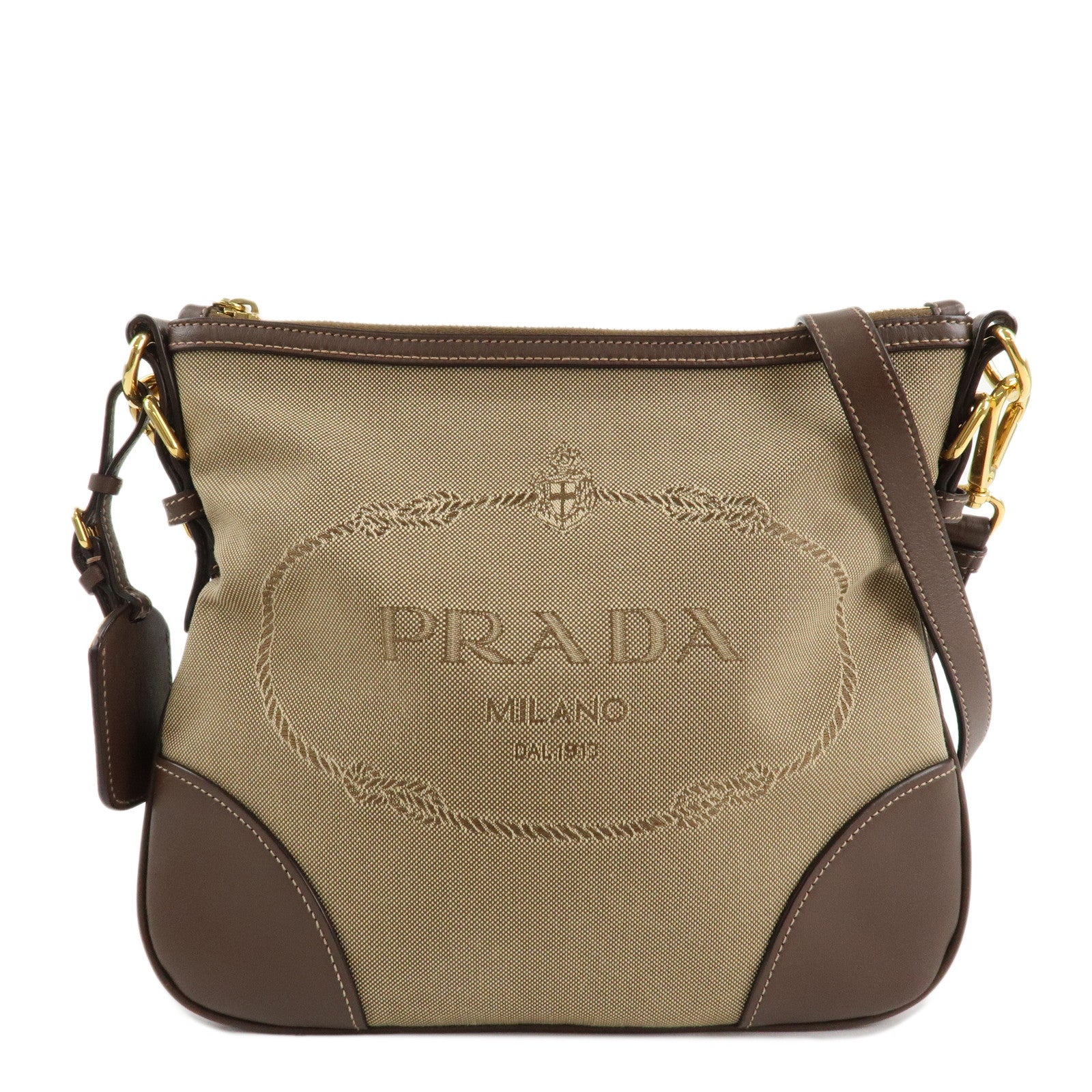 PRADA-Jacquard-Leather-Shoulder-Bag-Purse-Beige-Brown-BT867A