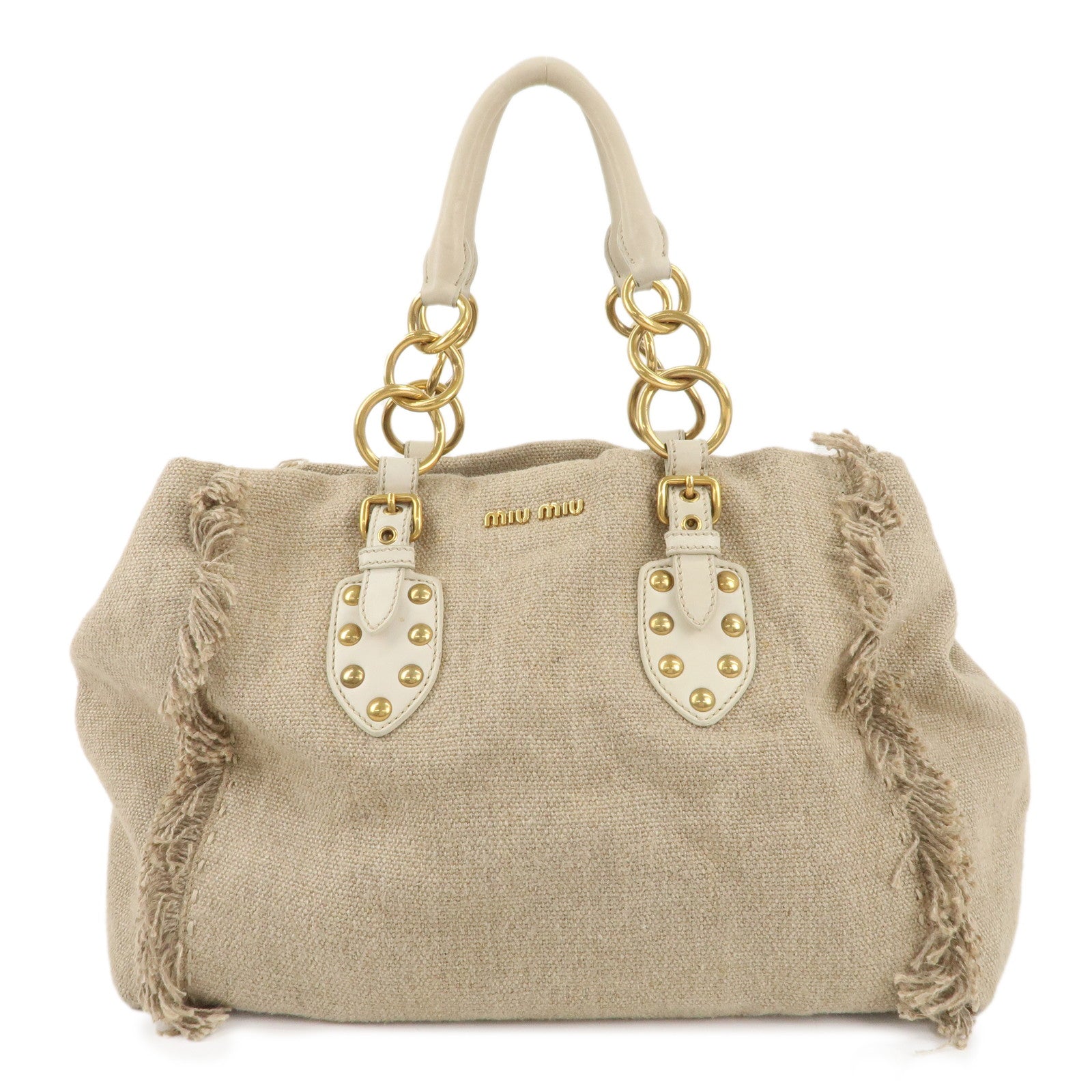 MIU-MIU-Canvas-Leather-Tote-Bag-Beige-Gold-Hardware