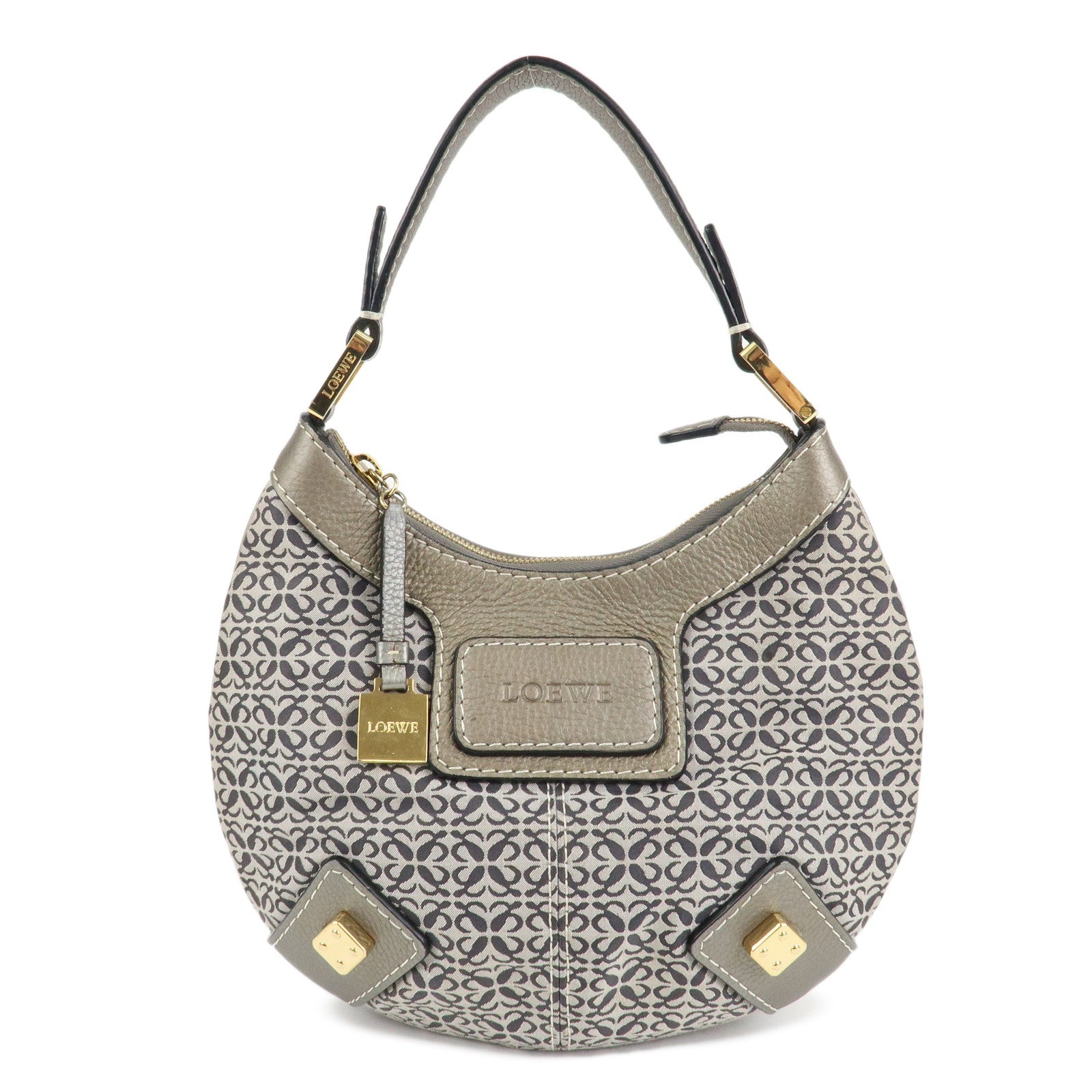 LOEWE-New-Road-Canvas-Leather-Anagram-Hand-Bag-Gray-Silver-Gray