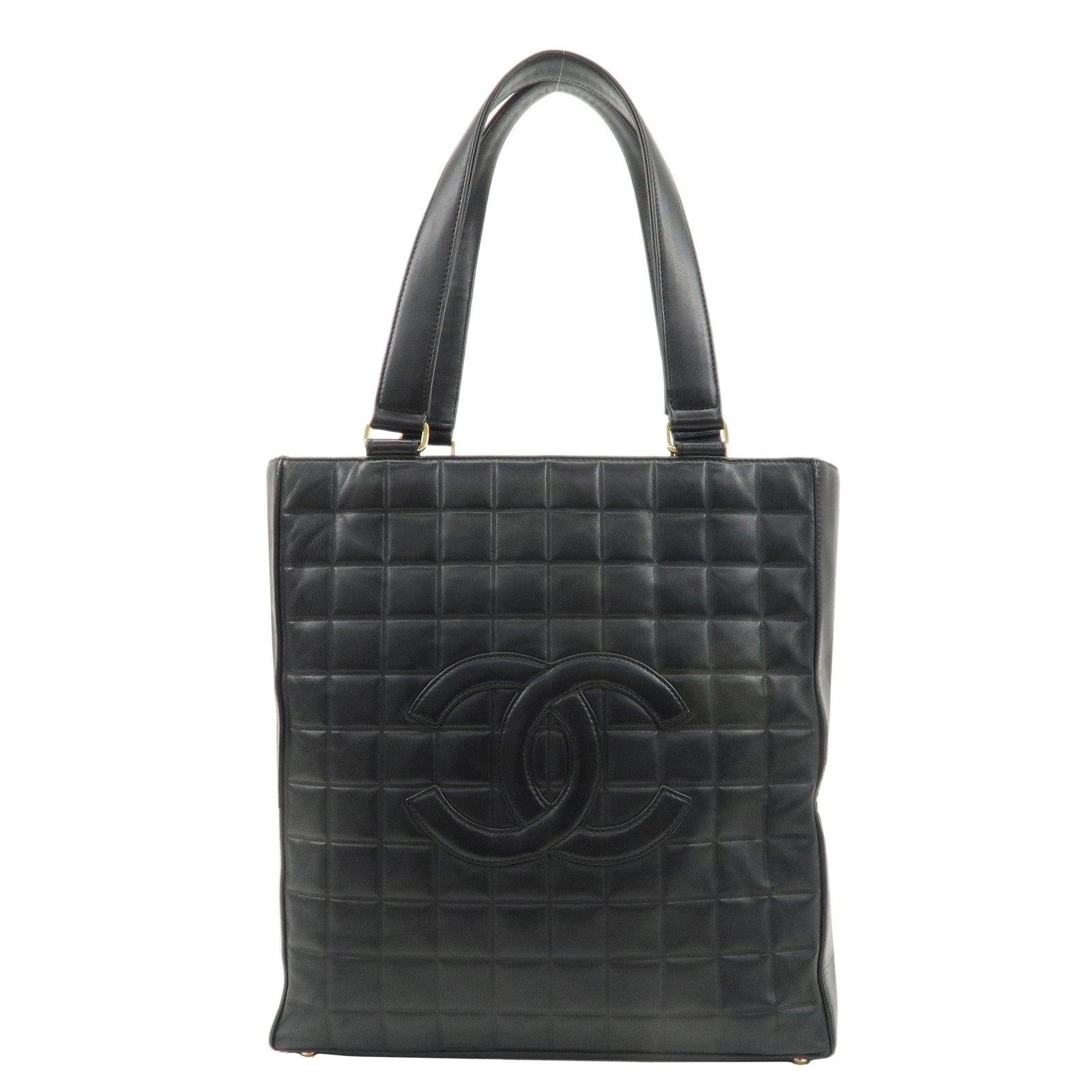 CHANEL-Chocolate-Bar-Lamb-Skin-Tote-Bag-Shoulder-Bag-Black-A20131