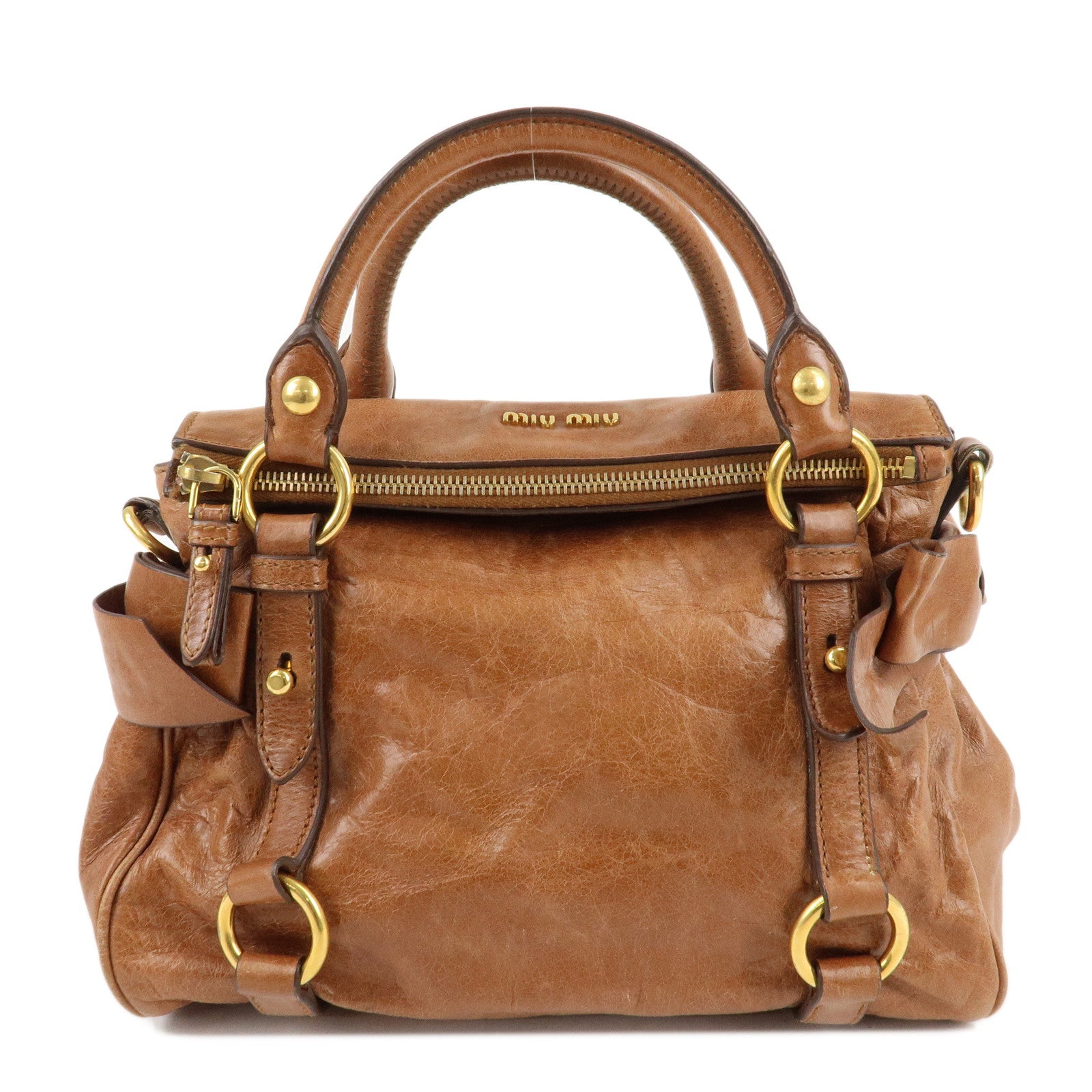 MIU-MIU-Leather-Ribbon-Shoulder-Hand-Bag-Brown