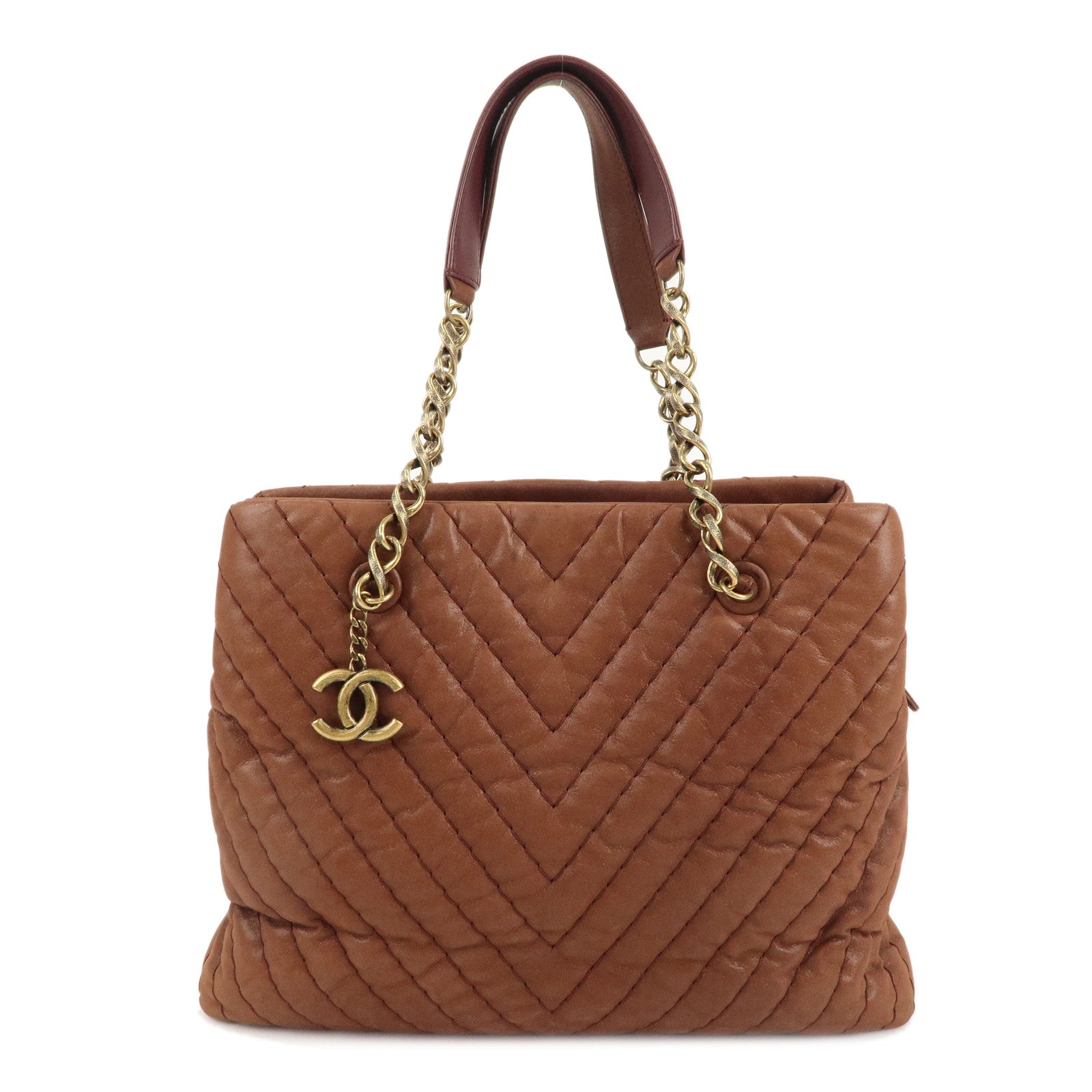 CHANEL V-stitch Leather Chain Shoulder Tote Bag Metalic Brown