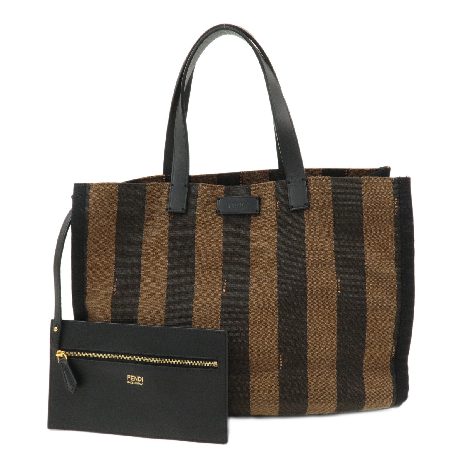 FENDI-Pequin-Canvas-Leather-Tote-Bag-Hand-Bag-Brown-Black-8BH252