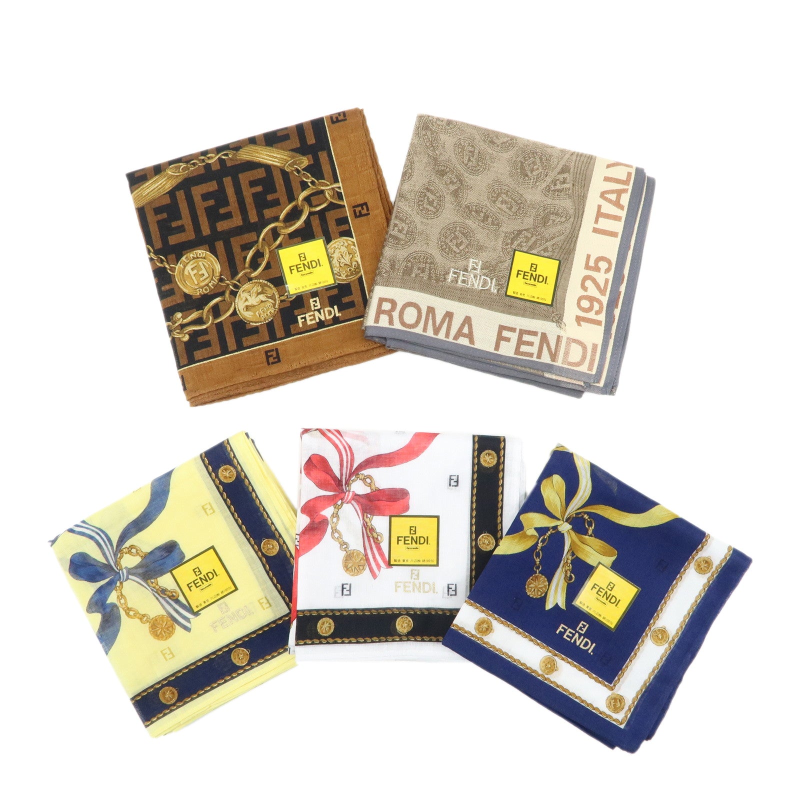 FENDI-Set-of-5-Cotton-100%-Handkerchief-Brown-Beige-Yellow-White