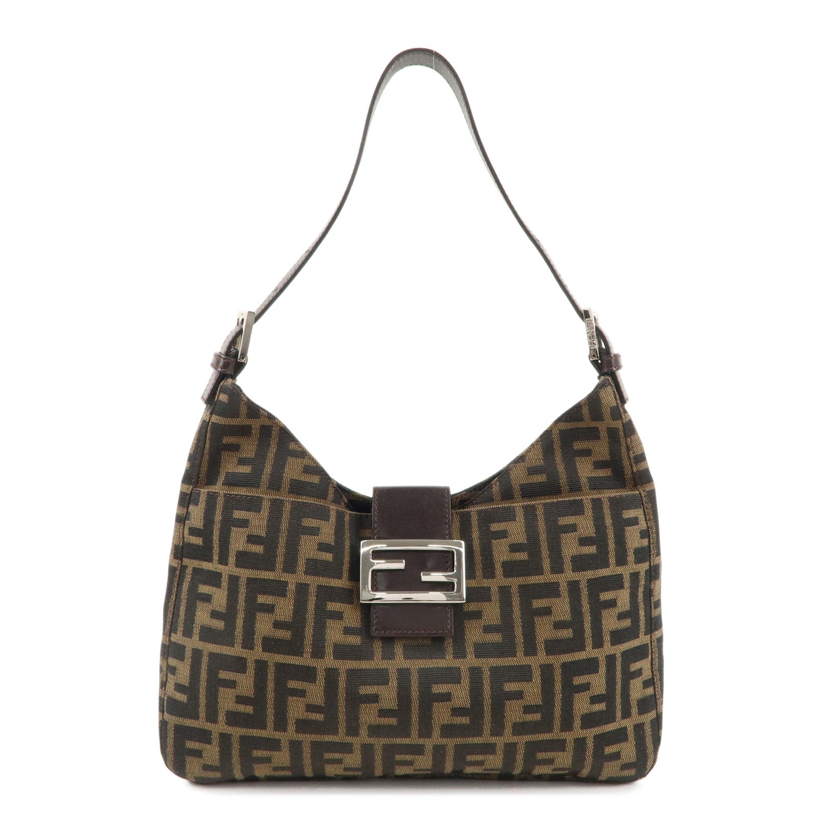 FENDI-Zucca-Canvas-Leather-Shoulder-Bag-Brown-Black-26569