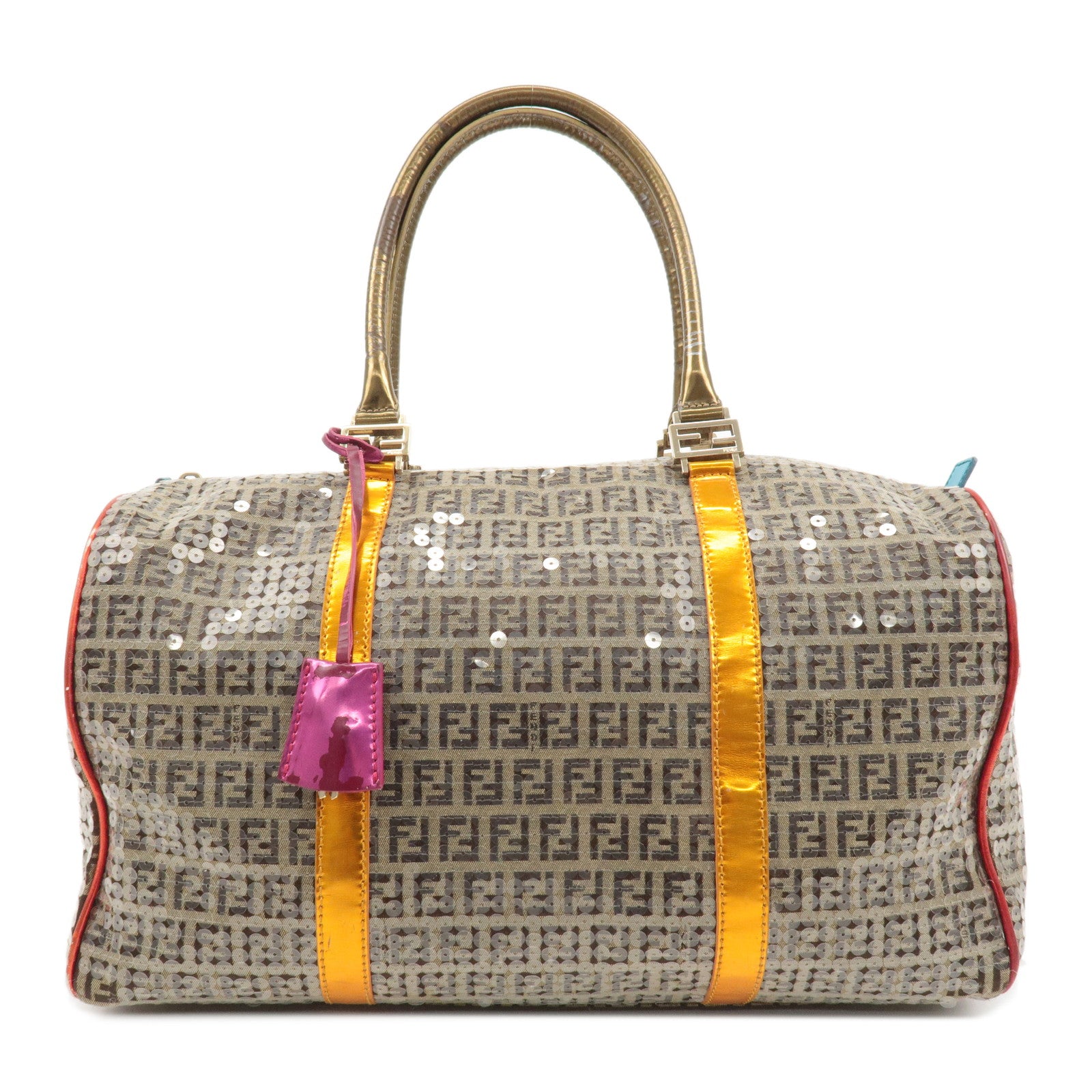 FENDI-Zucchino-Canvas-Leather-Beaded-Boston-Bag-8BL099