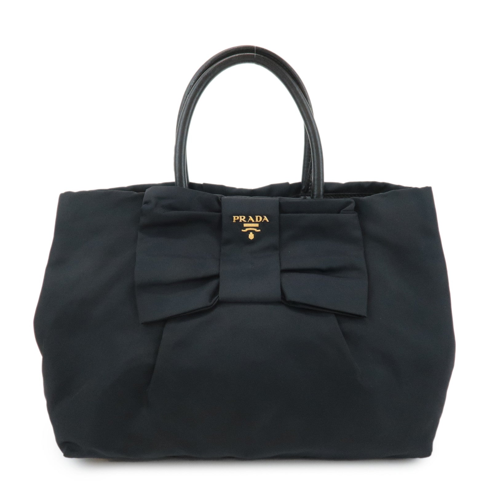 PRADA-Logo-Nylon-Leather-Ribbon-Tote-Bag-Hand-Bag-Black