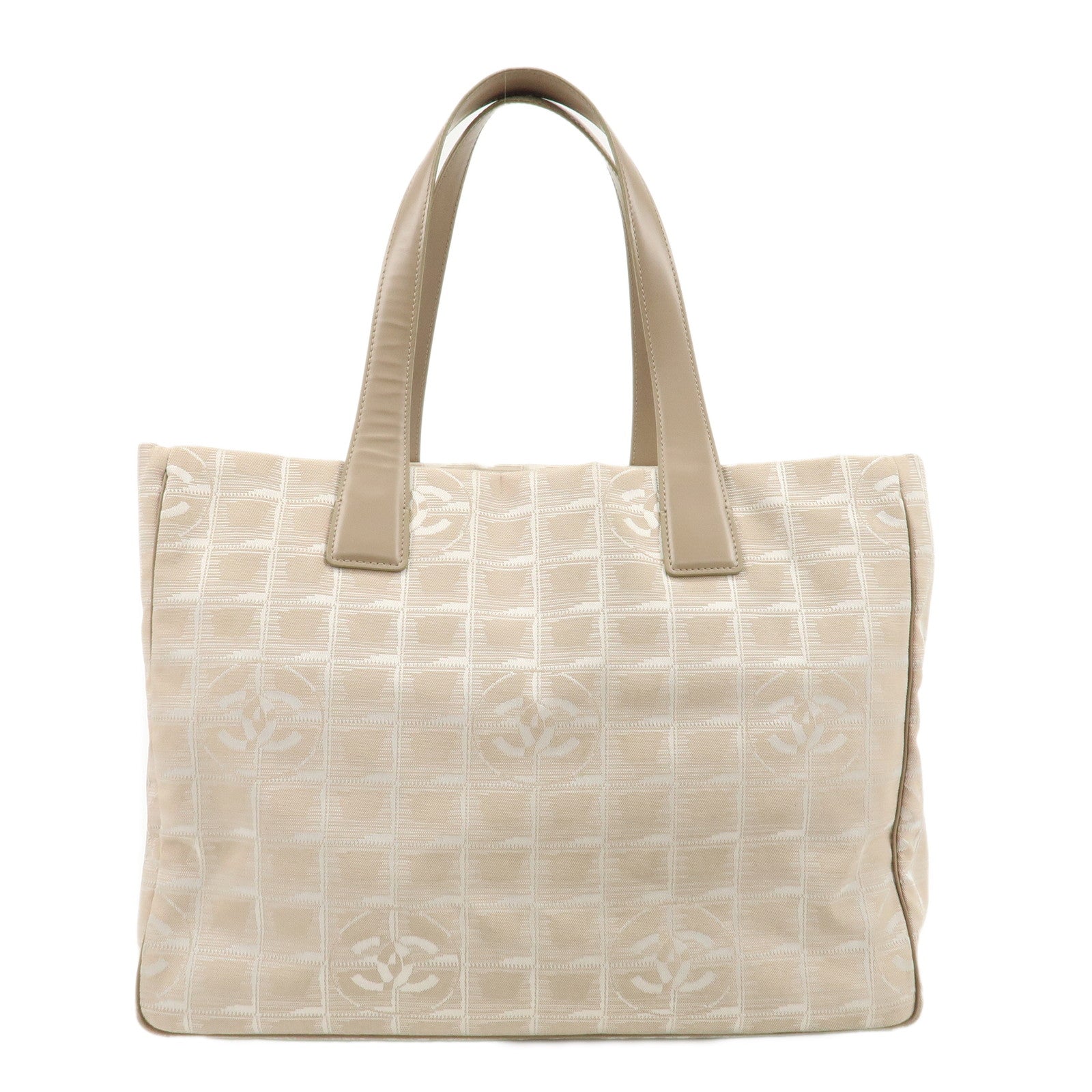 CHANEL-Travel-Line-Nylon-Jacquard-Leather-Tote-Bag-Beige-A15991